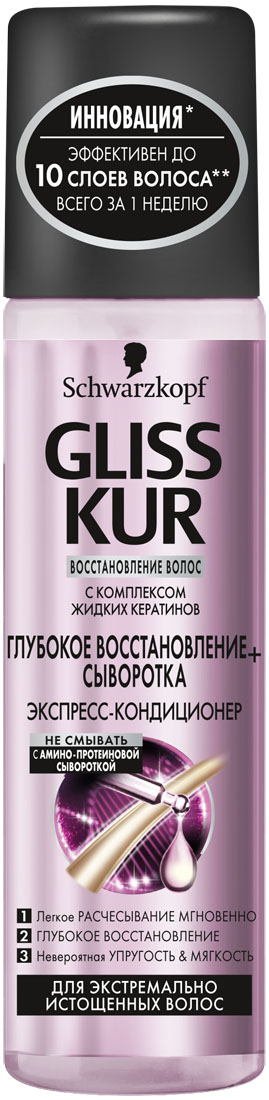 GLISS KUR Экспресс-Кондиционер Глубокое Восстановление+Сыворотка, 200 мл92616814 GLISS KUR Экспресс-Кондиционер Глубокое Восстановление+Сыворотка, 200 мл926168141) ЛЕГКОЕ РАСЧЕСЫВАНИЕ 2) ШЕЛКОВИСТО-МЯГКИЕ волосы 3) УПРУГОСТЬ & ЭЛАСТИЧНОСТЬ Формула с АМИНО-ПРОТЕИНОВОЙ сывороткой проникает в самые глубокие слои волоса и помогает восстановить экстремальные повреждения всего за 1 неделю. Волосы мягкие, как шелк и заметно более эластичные.