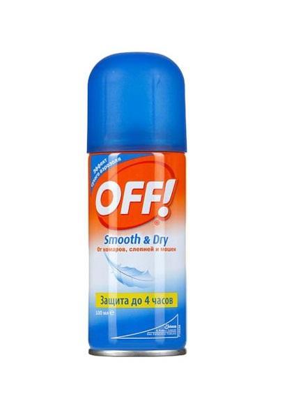 Аэрозоль от комаров OFF! Smooth & Dry, 100 мл602502 Аэрозоль от комаров OFF! Smooth & Dry, 100 мл602502Инновационный продукт OFF! Smooth & Dry создан по новой технологии, с эффектом сухого аэрозоля. Средство попадает на кожу в виде мельчайших частиц, мгновенно высыхая и не оставляя неприятных ощущений. Действие начинается сразу же после нанесения и продолжается до 4-х часов.