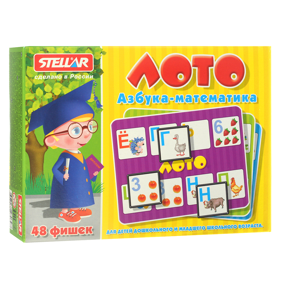 Лото Stellar Азбука-математика00902 Лото Stellar Азбука-математика00902Лото Stellar Азбука-математика обязательно понравится вашему малышу. Комплект игры включает в себя 48 ярких фишек, 6 картонных карточек с забавными рисунками и полиэтиленовый мешочек для перемешивания фишек. Фишки выполнены из безопасного полистирола. В игре могут принимать участие до 4 человек. Фишки складываются в мешочек, игрокам раздают карточки. Ведущий достает фишки из мешка, а игроки накрывают ими совпавшие картинки. Выигрывает тот, кто первым накроет фишками все картинки. Также красочные фишки можно использовать в качестве обучающего материала - на примере картинок вы сможете рассказать малышу о цифрах и буквах. Игра в лото не только подарит малышу множество веселых мгновений, но и поможет познакомиться с новыми словами, а также развить внимательность, логическое мышление и мелкую моторику.