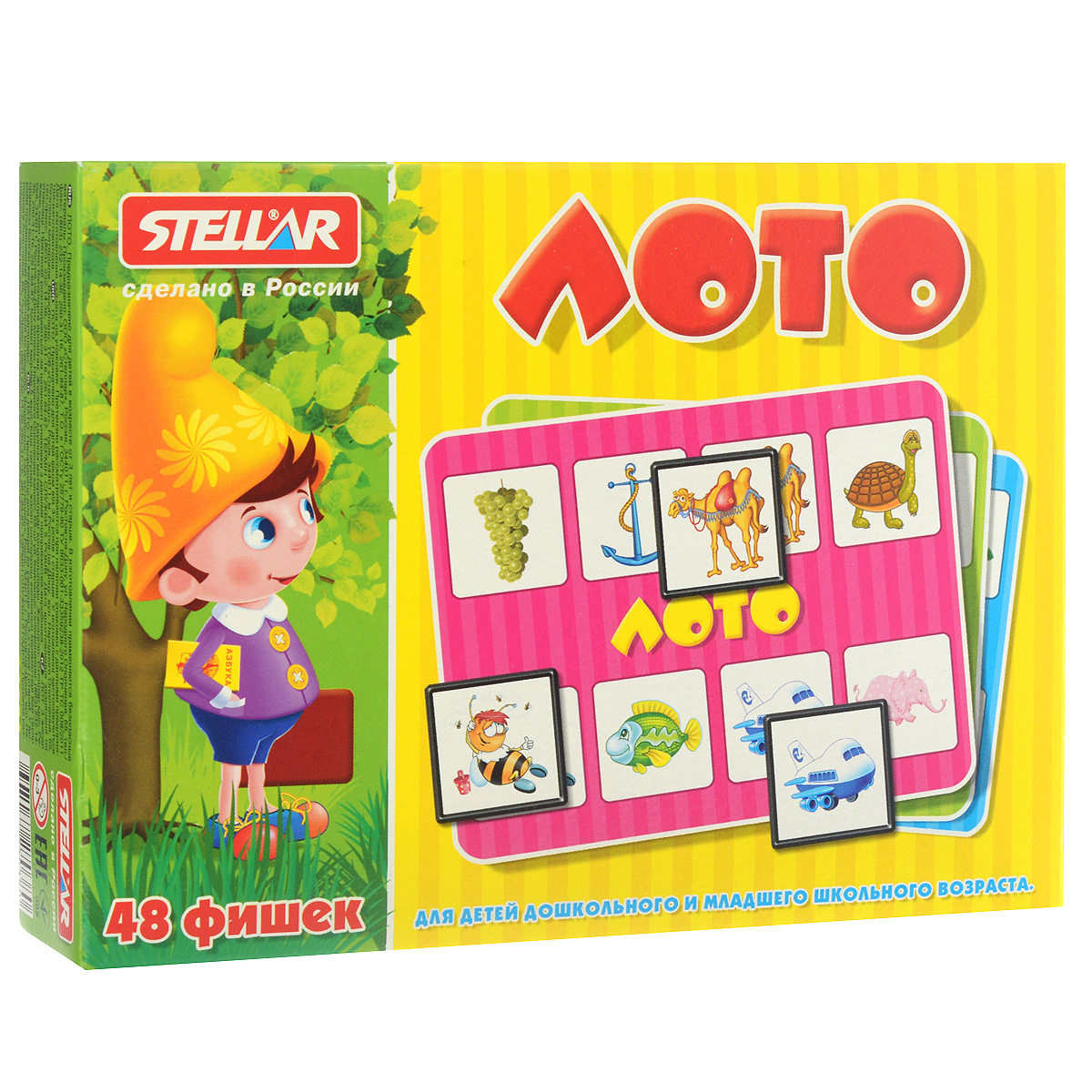 Лото Stellar00901 Лото Stellar00901Лото Stellar для детей дошкольного и младшего школьного возраста обязательно понравится вашему малышу. Комплект игры включает в себя 48 ярких фишек, 6 картонных карточек с забавными рисунками и полиэтиленовый мешочек для перемешивания фишек. Фишки выполнены из безопасного полистирола. В игре могут принимать участие до 6 человек. Фишки складываются в мешочек, игрокам раздают карточки. Ведущий достает фишки из мешка, а игроки накрывают ими совпавшие картинки. Выигрывает тот, кто первым накроет фишками все картинки. Также красочные фишки можно использовать в качестве обучающего материала - на примере картинок вы сможете рассказать малышу о предметах, которые его окружают. Игра в лото не только подарит малышу множество веселых мгновений, но и поможет познакомиться с новыми словами, а также развить внимательность, пространственное мышление и мелкую моторику.