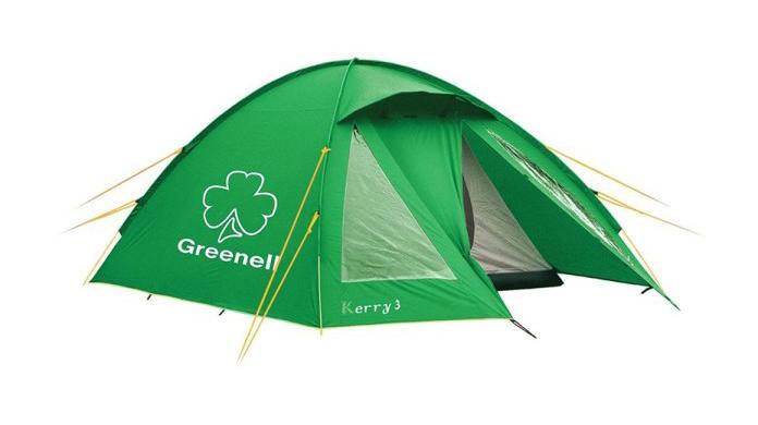 Палатка Greenell Керри 3 V3, трехместная, цвет: зеленый. 9551295512-367-00 Палатка Greenell Керри 3 V3, трехместная, цвет: зеленый. 9551295512-367-00Туристическая палатка Greenell Керри 3 V3, предназначенная для троих человек, имеет сравнительно небольшой вес - менее 5 кг. В тамбуре достаточно места для хранения рюкзаков. Защиту от насекомых обеспечивает противомоскитная сетка. Сверху палатка покрыта тканью, которая защищает от ультрафиолета на 90% (UPF 50+) и препятствует распространению огня. Все швы проклеены. Наличие внешних дуг позволит сохранить внутреннюю палатку сухой при установке во время дождя. Предусмотрена возможность отдельной установки тента.