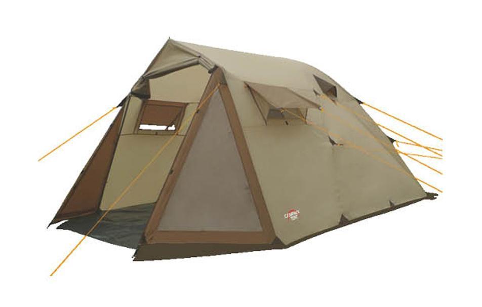 Палатка кемпинговая CAMPACK-TENT Camp Voyager 5 (2013) (олива) арт.00376300037630 Палатка кемпинговая CAMPACK-TENT Camp Voyager 5 (2013) (олива) арт.00376300037630Кемпинговая палатка Camp Voyager – это лучший выбор для выезда большой компанией. Размеры палатки позволяют спокойно передвигаться внутри в полный рост. Несмотря на большие размеры палатки, вы легко установите ее практически в любой местности. В палатке имеется два противоположных входа, что обеспечивает отличную вентиляцию. Этому способствуют и дополнительные окна на боковых поверхностях тента, которые также защищены противомоскитной сеткой и внешними шторами. На главном входе расположены два прозрачных окна, пропускающих свет. High Quality каркас изготовлен из фибергласса и стальных конструкций, которые не содержат изгибаемых элементов. За счет этого палатка приобрела еще большую надежность. Проклеенные швы гарантируют герметичность и надежность в любой ситуации. Материал: Taffeta/алюминий