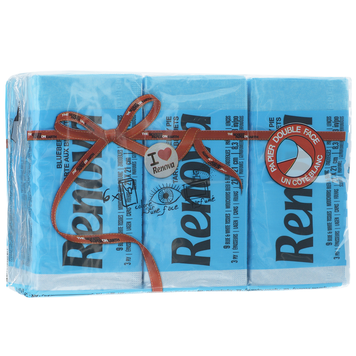 Платочки бумажные Renova Blueberry Pie, ароматизированные, трехслойные, цвет: голубой, 6 пачек200067005 Платочки бумажные Renova Blueberry Pie, ароматизированные, трехслойные, цвет: голубой, 6 пачек200067005Бумажные гигиенические платочки Renova Blueberry Pie, изготовленные из 100% натуральной целлюлозы, подходят для детей и взрослых. Они обладают уникальными свойствами, так как всегда остаются мягкими на ощупь, прочными и отлично впитывающими влагу и могут быть пригодными в любой ситуации. Бумажные платочки Renova Blueberry Pie имеют аромат черники. Удобная небольшая упаковка позволяет носить платочки в кармане. Количество слоев: 3. Размер листа: 21 см х 21 см. Количество пачек: 6 шт. Количество платочков в каждой пачке: 9 шт. Португальская компания Renova является ведущим разработчиком новейших технологий производства, нового стиля и направления на рынке гигиенической продукции. Современный дизайн и высочайшее качество, дерматологический контроль - это то, что выделяет компанию Renova среди других производителей бумажной санитарно-гигиенической продукции.
