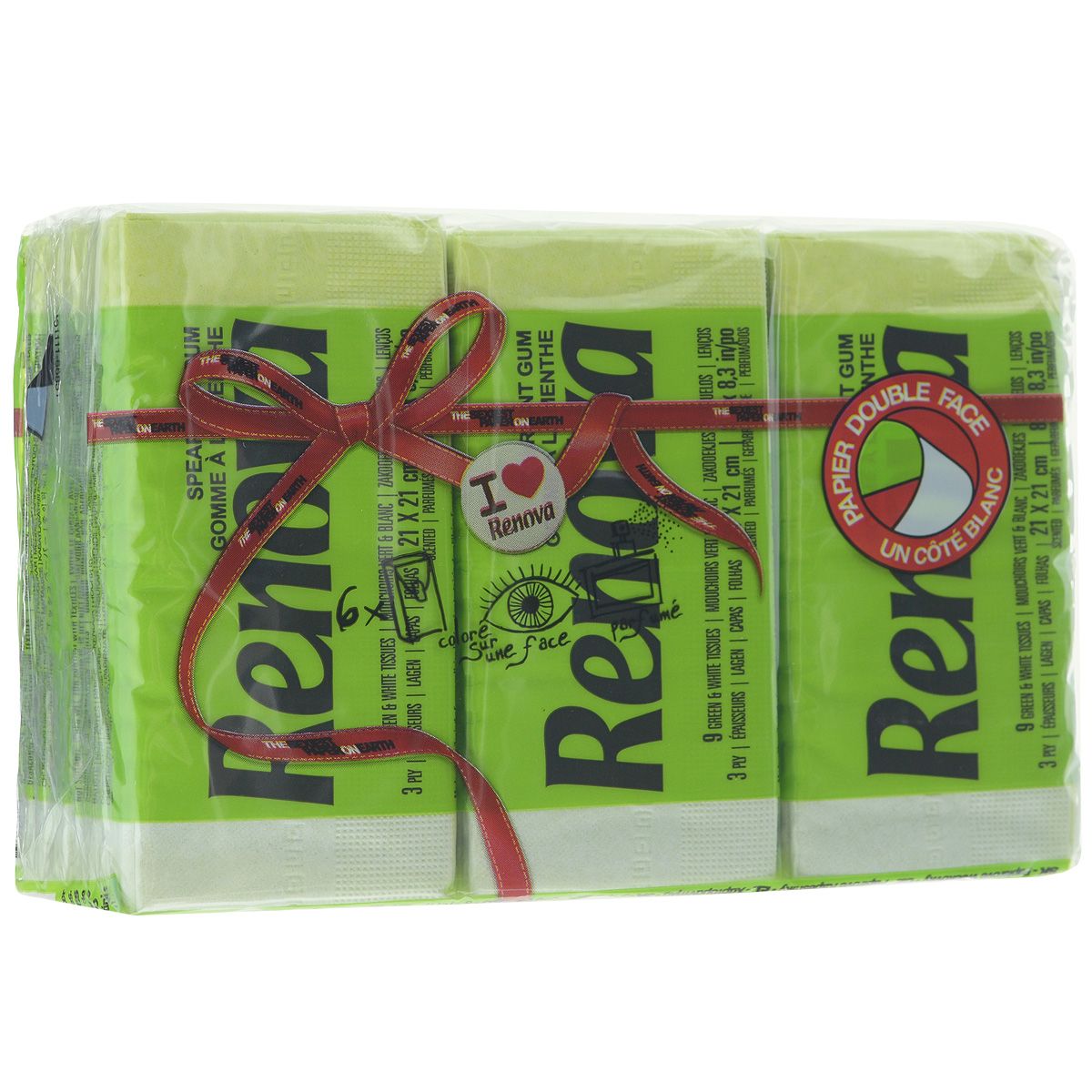 Платочки бумажные Renova Spearmint Gum, ароматизированные, трехслойные, цвет: зеленый, 6 пачек200067003 Платочки бумажные Renova Spearmint Gum, ароматизированные, трехслойные, цвет: зеленый, 6 пачек200067003Бумажные гигиенические платочки Renova Spearmint Gum, изготовленные из 100% натуральной целлюлозы, подходят для детей и взрослых. Они обладают уникальными свойствами, так как всегда остаются мягкими на ощупь, прочными и отлично впитывающими влагу и могут быть пригодными в любой ситуации. Бумажные платочки Renova Spearmint Gum имеют свежий аромат мяты. Удобная небольшая упаковка позволяет носить платочки в кармане. Количество слоев: 3. Размер листа: 21 см х 21 см. Количество пачек: 6 шт. Количество платочков в каждой пачке: 9 шт. Португальская компания Renova является ведущим разработчиком новейших технологий производства, нового стиля и направления на рынке гигиенической продукции. Современный дизайн и высочайшее качество, дерматологический контроль - это то, что выделяет компанию Renova среди других производителей бумажной санитарно-гигиенической продукции.
