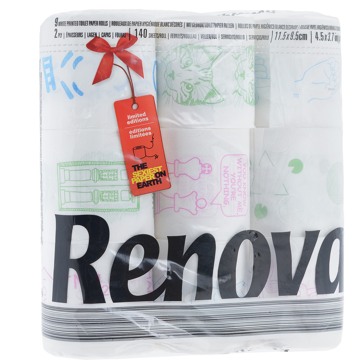 Туалетная бумага Renova Design, двухслойная, цвет: белый, 9 рулонов200063133 Туалетная бумага Renova Design, двухслойная, цвет: белый, 9 рулонов200063133Туалетная бумага Renova Design изготовлена по новейшей технологии из 100% целлюлозы, благодаря чему она очень мягкая, нежная, но в тоже время прочная. Перфорация надежно скрепляет слои бумаги. Туалетная бумага Renova Design сочетает в себе простоту и оригинальность. На каждом листе туалетной бумаге разное цветное изображение. Состав: 100% целлюлоза. Количество листов: 140 шт. Количество слоев: 2. Размер листа: 11,5 см х 9,5 см. Количество рулонов: 9 шт. Португальская компания Renova является ведущим разработчиком новейших технологий производства, нового стиля и направления на рынке гигиенической продукции. Современный дизайн и высочайшее качество, дерматологический контроль - это то, что выделяет компанию Renova среди других производителей бумажной санитарно-гигиенической продукции.