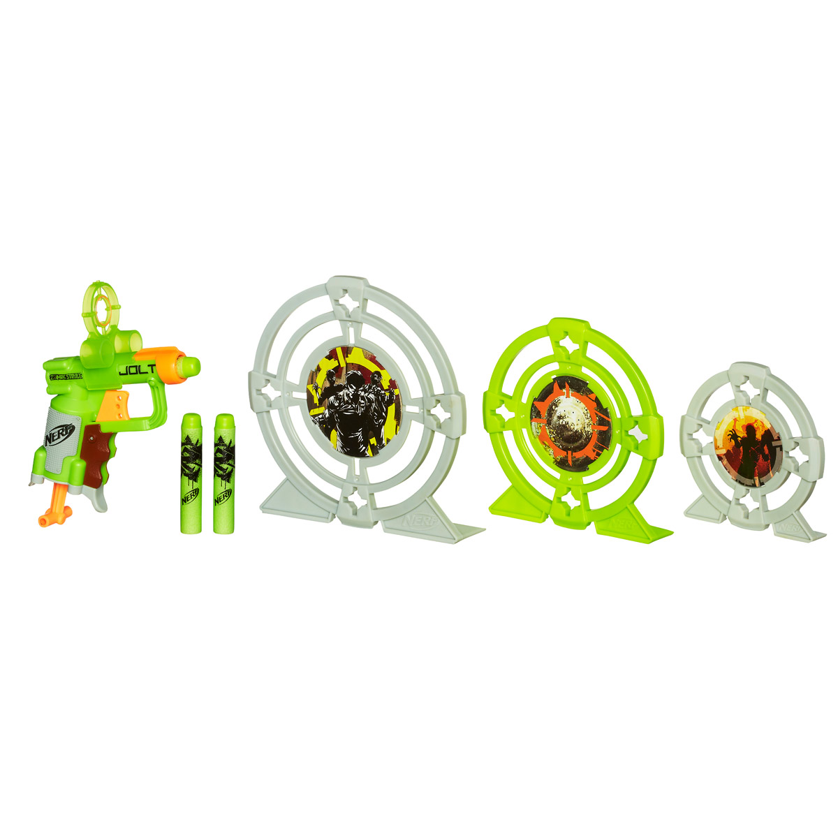 Nerf Бластер Zombie Strike, с мишенямиA6636E24 Nerf Бластер Zombie Strike, с мишенямиA6636E24Бластер Nerf Zombie Strike понравится любому мальчишке, ведь с таким оружием у зомби просто не будет шансов. Бластер выполнен из прочного пластика и оснащен обоймой на одну стрелу. В комплекте имеются 3 стрелы, выполненные из вспененного полимера, 3 мишени разного размера с изображением зомби, а также съемный прицел на бластер с отсеками для двух стрел. Игра с таким бластером поможет ребенку в развитии меткости, ловкости, координации движений и сноровки.