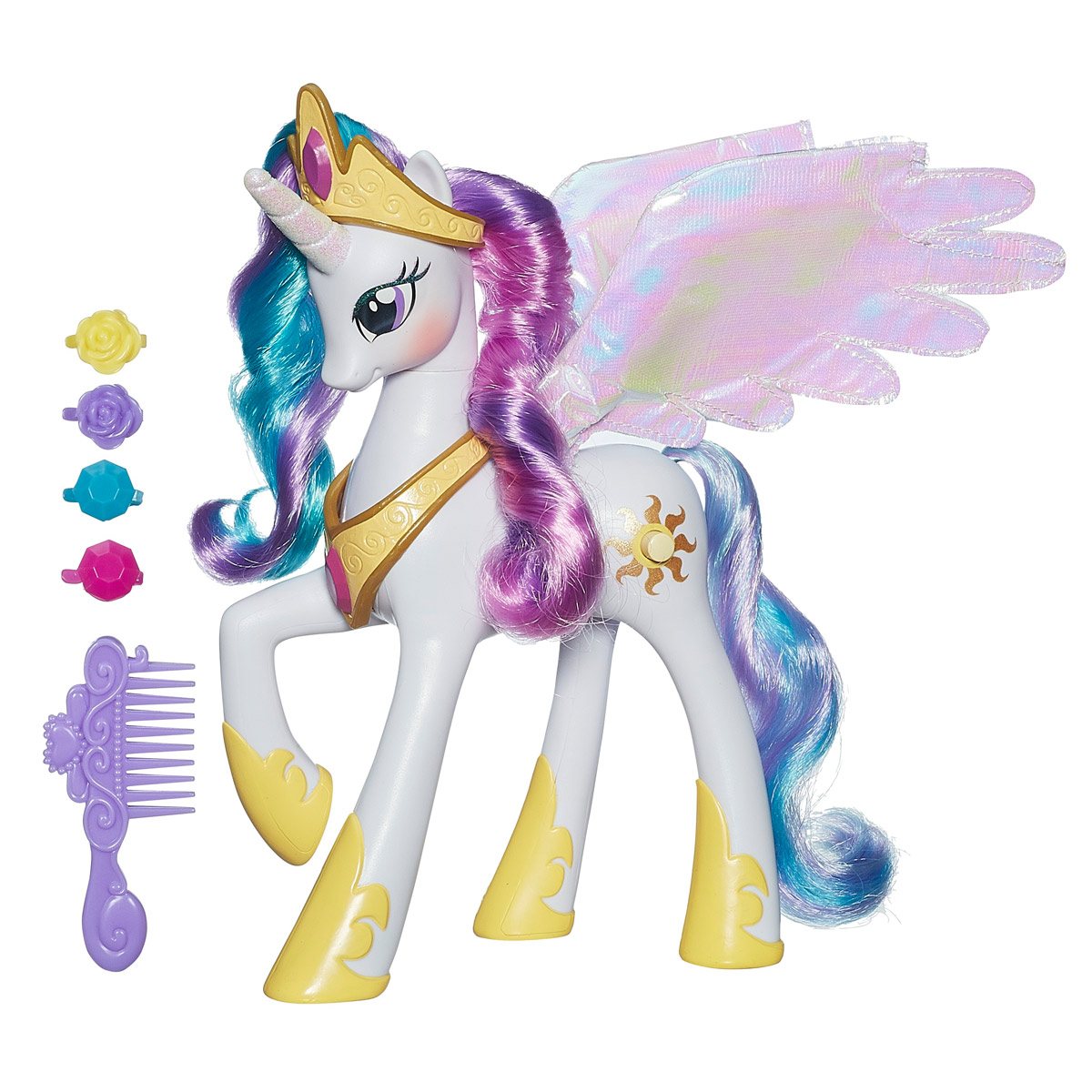 My Little Pony Игрушка Принцесса Селестия с аксессуарамиA0633EU4 My Little Pony Игрушка Принцесса Селестия с аксессуарамиA0633EU4Игровой набор My Little Pony Принцесса Селестия привлечет внимание вашей малышки и не позволит ей скучать. Набор состоит из прекрасной пони с разноцветными длинными гривой и хвостом, расчески и четырех разноцветных заколочек. У пони восхитительные перламутровые крылья. При нажатии кнопку на корпусе игрушки пони звучат забавные звуки, а ее крылья светятся. Ваша малышка будет часами играть с набором, придумывая различные истории. Порадуйте ее таким замечательным подарком! Рекомендуется докупить 2 батарейки напряжением 1,5V типа ААА (товар комплектуется демонстрационными). Уважаемые клиенты! Обращаем ваше внимание на ассортимент в дизайне аксессуаров. Поставка возможна в зависимости от наличия на складе.