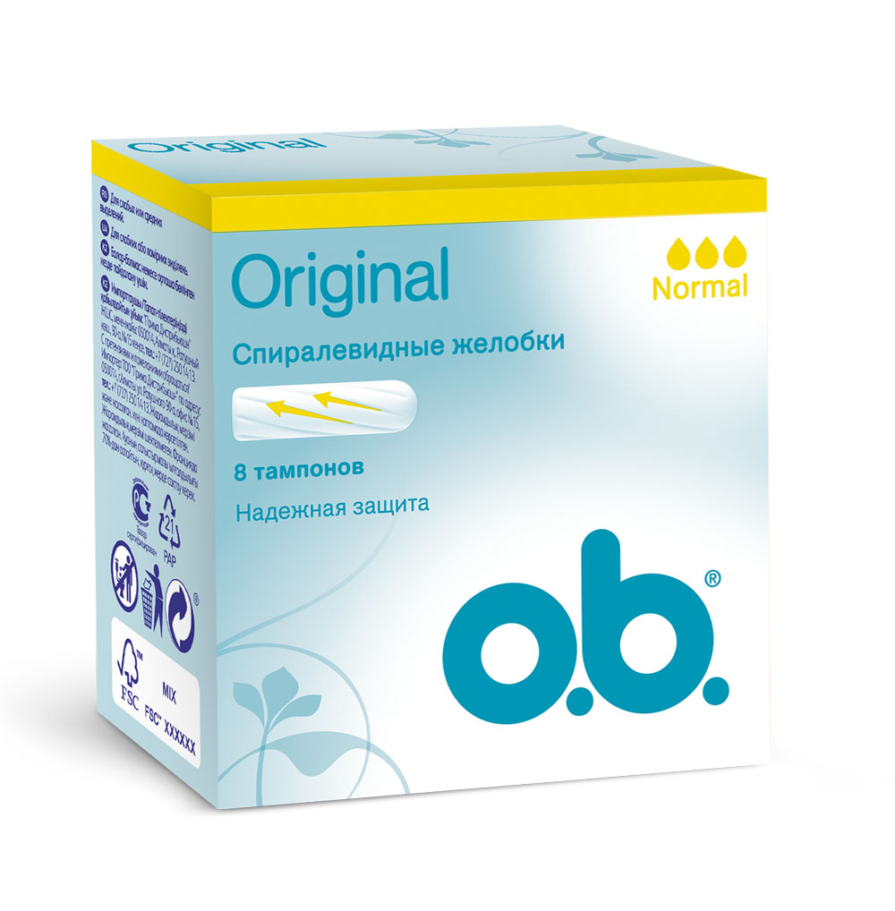 O.B. Тампоны Original Normal, 8 шт23650 O.B. Тампоны Original Normal, 8 шт23650Тампоны О.В. Original Normal со спиралевидными желобками идеально подойдут для надежной защиты. Спиралевидные желобки FluidLock были разработаны для того, чтобы более эффективно направлять жидкость внутрь тампона, обеспечивая комфорт и надежную защиту. Тампоны О.В. Original Normal рекомендованы при незначительных и средних выделениях. Товар сертифицирован.