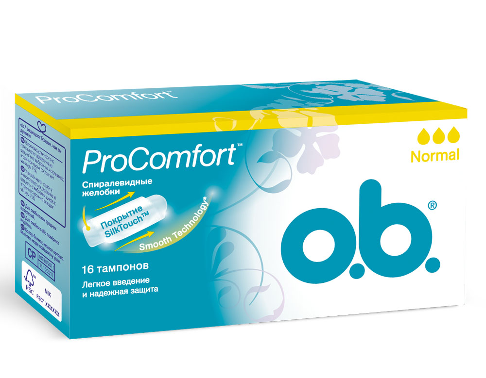 O.B. Тампоны ProComfort Normal, 16 шт79623 O.B. Тампоны ProComfort Normal, 16 шт79623Тампоны O.B. ProComfort Normal с уникальным шелковистым покрытием SilkTouch предназначены для надежной защиты и большего комфорта. Тампоны обеспечивают легкое введение и извлечение благодаря уникальному покрытию SilkTouch; Технология спиралевидных желобков FluidLock для более эффективного направления жидкости внутрь тампона; Новая технология Smooth Technology для еще более гладкой поверхности тампона. Подходят для слабых или сильных выделений. Товар сертифицирован.