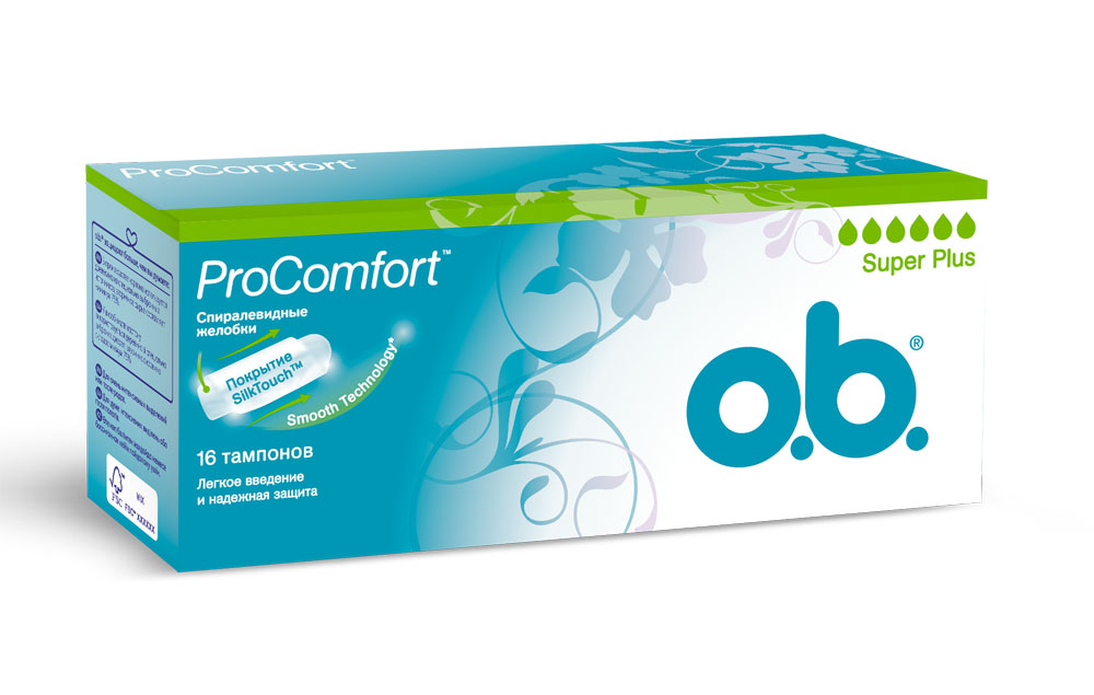 O.B. Тампоны ProComfort Super Plus, 16 шт69143 O.B. Тампоны ProComfort Super Plus, 16 шт69143Тампоны O.B. ProComfort Super Plus с уникальным шелковистым покрытием SilkTouch предназначены для надежной защиты и большего комфорта. Тампоны обеспечивают легкое введение и извлечение благодаря уникальному покрытию SilkTouch; Технология спиралевидных желобков FluidLock для более эффективного направления жидкости внутрь тампона; Новая технология Smooth Technology для еще более гладкой поверхности тампона. Подходят для очень интенсивных выделений или после родов. Товар сертифицирован.