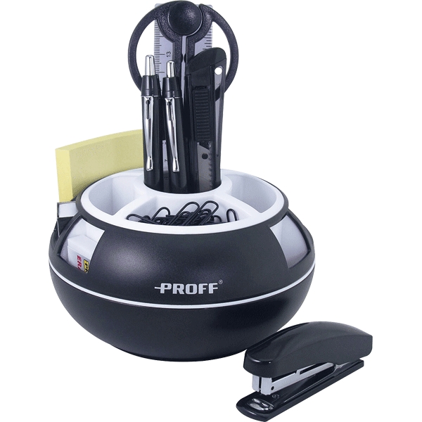 Органайзер настольный Proff Sphere, цвет: черный, белый, 10 предметовPFS555-118 Органайзер настольный Proff Sphere, цвет: черный, белый, 10 предметовPFS555-118Органайзер Proff Sphere изготовлен из пластика и представляет собой настольный набор с круглой вращающейся на 360 градусов подставкой. Подставка имеет 10 секций для хранения различных канцелярских принадлежностей. В набор входят 10 предметов: шариковая автоматическая ручка, механический карандаш, ножницы, канцелярский нож, степлер, скобы для степлера, линейка, скрепки, ластик и блок клейкой бумаги для заметок. Органайзер для рабочего стола только для деловых, городских, идущих в ногу со временем людей. Все мелочи теперь под рукой и в одном месте, а не разбросаны вокруг.