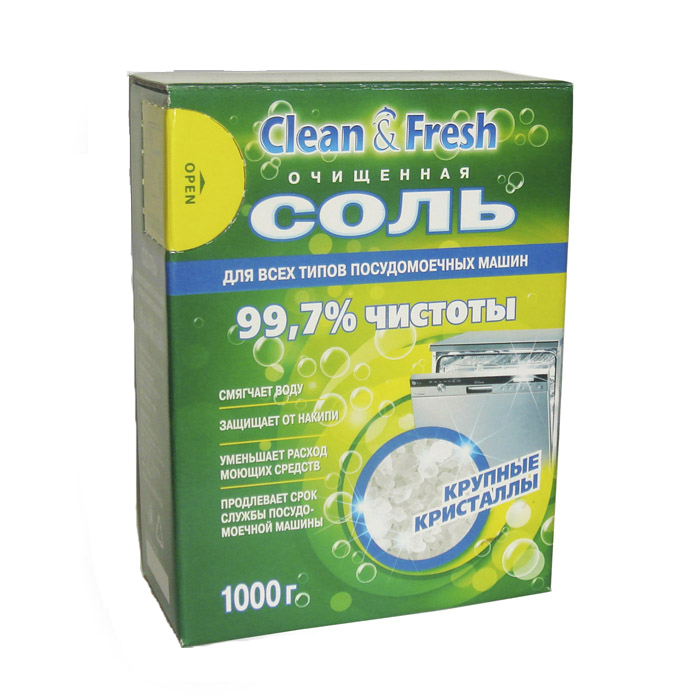 Соль очищенная для посудомоечных машин Clean & Fresh, 1000 г16250 Соль очищенная для посудомоечных машин Clean & Fresh, 1000 г16250Отложения извести могут негативно отразиться на работе посудомоечной машины. Специальная соль Clean & Fresh на 99,7% состоит из чистой соли, специально гранулированной для использования в посудомоечной машине. Соль смягчает воду, защищает посудомоечную машину от накипи и продлевает ее срок службы. Благодаря своей формуле и твердости, соль обеспечивает высокую эффективность и экономичный расход средств в процессе смягчения воды и придания блеска чистой посуде. Подходит для всех типов посудомоечных машин. Состав: массовая доля хлористого натрия не менее 99,7%. Товар сертифицирован.