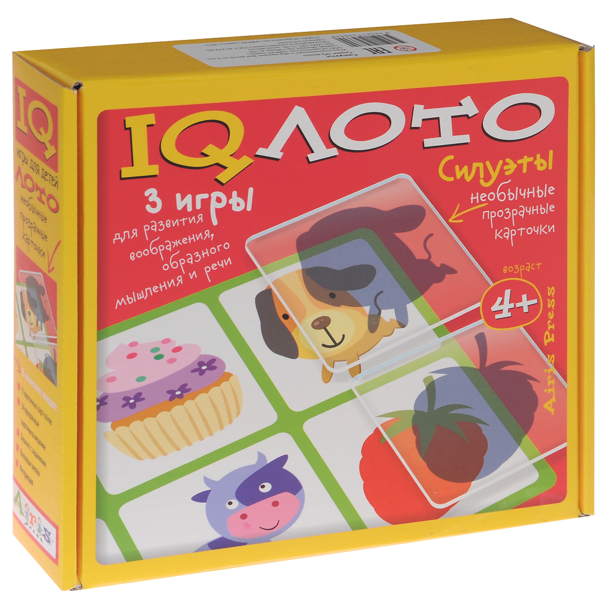 Айрис-пресс Обучающая игра IQ Лото Силуэты 3 в 1978-5-8112-5660-0 Айрис-пресс Обучающая игра IQ Лото Силуэты 3 в 1978-5-8112-5660-0Набор настольных игр IQ Лото. Силуэты включает лото Силуэты, игру Сказочная путаница, а также блокнот Кляксики. В комплекте подробные правила для игр на русском языке. Комплект лото Силуэты содержит 9 картонных карт-основ, 54 пластиковых карточки и текстильный мешочек. Лото предназначено для компании от 2 до 9 игроков. Для игры Сказочная путаница используются 9 картонных карт лото. Игра предназначена для 2-3 игроков. К блокноту прилагаются восковые мелки 8 цветов. В дошкольном возрасте малыш получает знания и умения через собственные действия, поэтому играть - это и значит развиваться и обучаться. Перед вами необычные игры, развивающие сенсорику, внимание, мышление, воображение и речь. Играя в IQ Лото, ваш ребенок научится соотносить объем и плоскость, узнавать предмет по силуэту, выделять детали, которые делают объекты узнаваемыми, мысленно представлять проекцию предмета. В игре Сказочная путаница малыш сможет проявить свою фантазию, сочиняя...