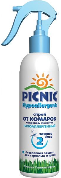 Picnic Baby Спрей от комаров гипоаллергенный, 180 мл03.19.10.3002 Picnic Baby Спрей от комаров гипоаллергенный, 180 мл03.19.10.3002Спрей от комаров Picnic Baby предназначен для деликатной защиты нежной кожи детей от нападения кровососущих насекомых (комаров, москитов, мокрецов). Специальная формула спрея на основе безопасных репеллентов содержит экстракт ромашки, оказывающий противовоспалительное действие. При нанесении на открытые участки кожи не вызывает раздражения. Легко распределяется, а также обеспечивает быстрое впитывание. Безопасная защита для детей и взрослых. Время защитного действия при нанесении на кожу до 2 часов, а на одежду до 5 суток. Проверено дерматологами. Для средства для беспропеллентной аэрозольной упаковке: нажимая пальцем на распылительную головку нанести средство на ладонь, распределить не втирая на открытые участки лица, шеи, рук и ног. Время защитного действия на коже до 2-х часов, при нанесении на одежду до 5 суток.