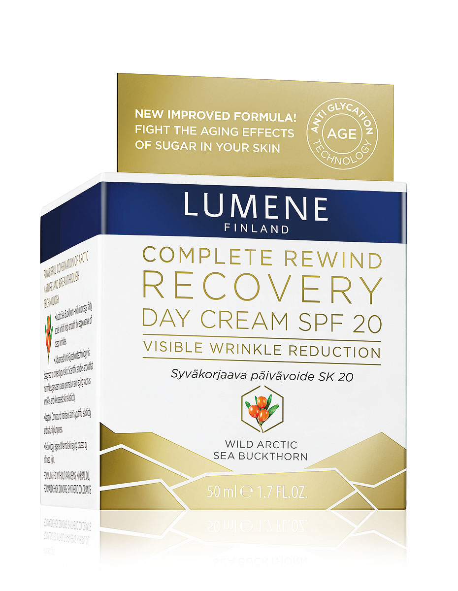 LUMENE Регенерирующий дневной крем Complete Rewind SPF 20, 50 млNL73-81470 LUMENE Регенерирующий дневной крем Complete Rewind SPF 20, 50 млNL73-81470LUMENE COMPLETE REWIND VISIBLE WRINKLE ERASER СРЕДСТВО ДЛЯ РАЗГЛАЖИВАНИЯ МОРЩИН LUMENE COMPLETE REWIND Против глубоких морщин Революционный концентрат помогает разгладить рельеф кожи и визуально скрыть как поверхностные, так и более глубокие морщины. Сочетание натуральных ингредиентов и передовых технологий для активной борьбы со старением кожи, эффективного питания и защиты: • масло семян арктической облепихи, богатое Omega-жирными кислотами, питает кожу, предотвращает появление новых морщин; • инновационная антигликационная технология защищает волокна коллагена и эластина кожи от разрушения; • пептиды взуально сокращают существующие морщины и возвращают эластичность.