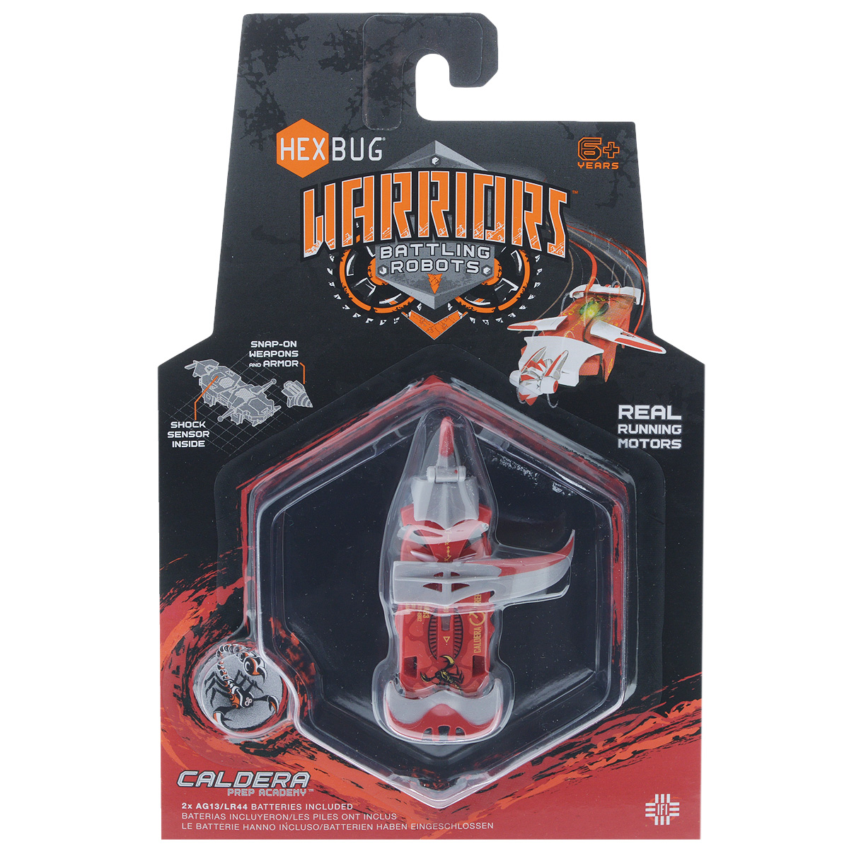 Микро-робот Hexbug Warriors. Caldera, цвет: красный. S1-4B477-1982_S1-4B красный Микро-робот Hexbug Warriors. Caldera, цвет: красный. S1-4B477-1982_S1-4B красныйМикро-робот Hexbug Warriors. Caldera - робот-жук, созданный по уникальной нано-технологии, он имеет мощный электромотор, за счет вибрации которого он движется вперед и сметает все на своем пути. Микро-робот оснащен сменными элементами кинетической амуниции, датчиком удара, функцией контроля уровня здоровья. Доступны 2 уровня игры: тренировка и битва. В режиме Тренировка датчик удара и функция контроля уровня здоровья отключены. В режиме Битва каждый удар снижает уровень здоровья микро-робота. Подготовьте бойца к сражению, нажмите на кнопку и удерживайте ее в течение трех секунд, когда загорится зеленый индикатор жизни - смело отпускайте его в бой. Для работы микро-робота необходимы 2 батареи типа LR44 (входят в комплект).