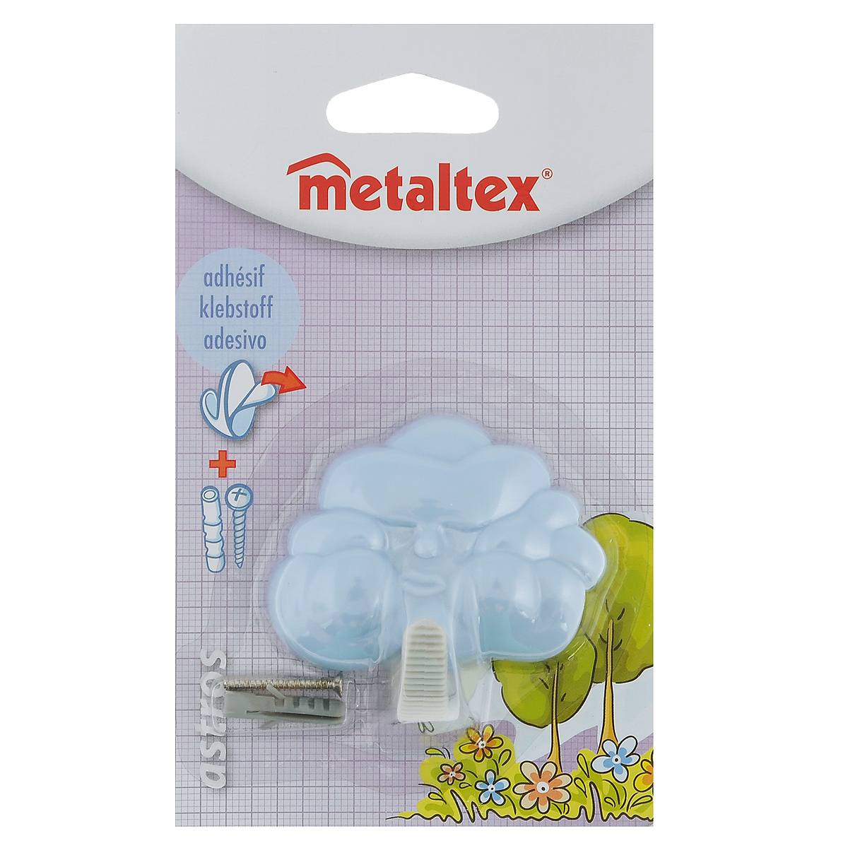 Крючок настенный Metaltex Astros, цвет: голубой40327 Крючок настенный Metaltex Astros, цвет: голубой40327Настенный крючок Metaltex Astros изготовлен из высококачественного цветного пластика в виде тучки. Он прекрасно подойдет для вашей ванной комнаты или кухни и не займет много места, надежно выдержав все, что вы на него повесите. Крючок крепится на стену с помощью липкой ленты, которая находится на задней стороне крючка или при помощи шурупа (входит в комплект). Он приклеивается к гладкой, ровной и чистой поверхности. На него можно вешать полотенца или любые другие вещи.