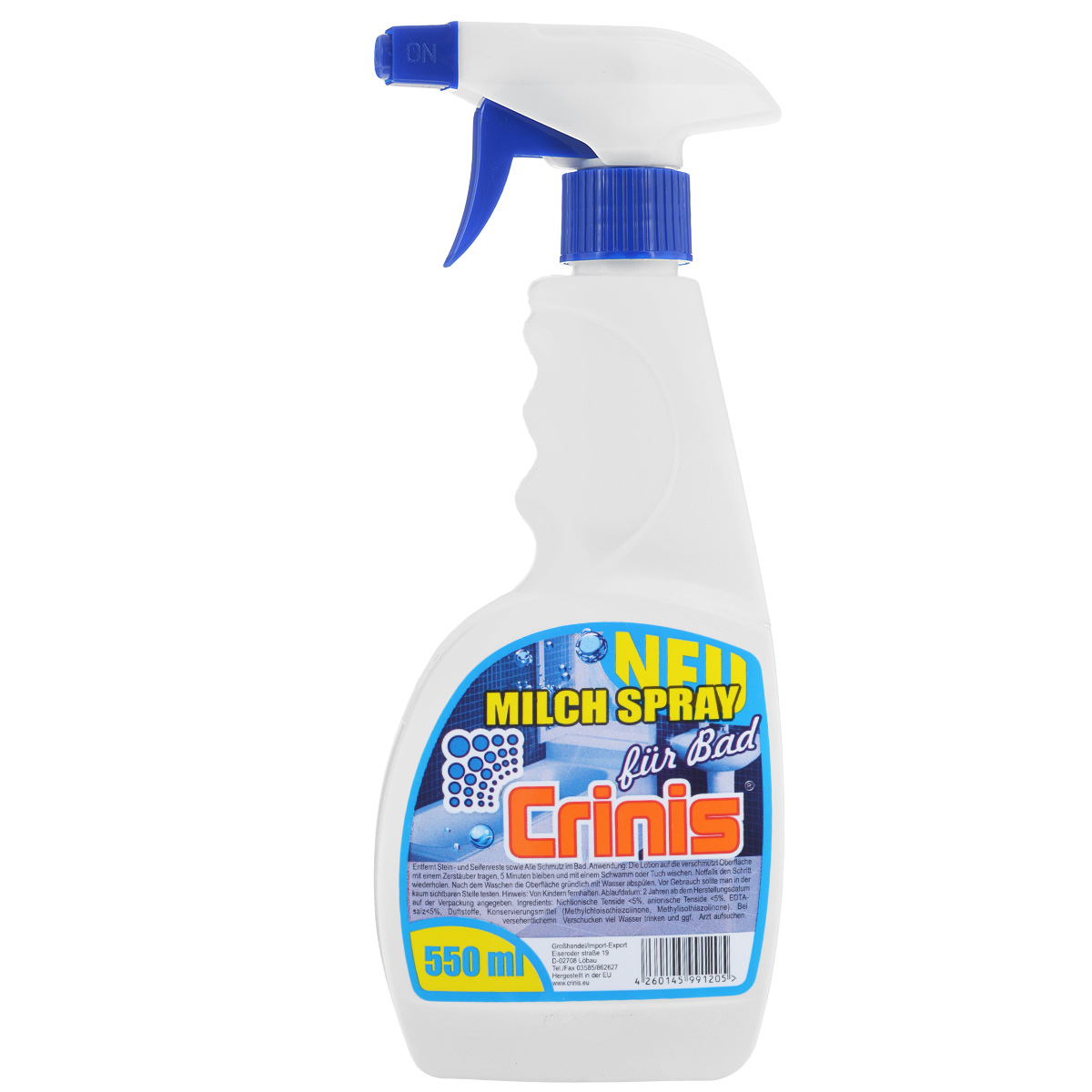 Очиститель для ванной комнаты Crinis Milch Spray Fur Bad, 550 млBC0550 Очиститель для ванной комнаты Crinis Milch Spray Fur Bad, 550 млBC0550Спрей-очиститель Crinis Milch Spray Fur Bad безукоризненно удаляет остатки мыла и другие загрязнения в ванной комнате, благодаря активным ингредиентам, входящие в его состав. Очиститель прост в использовании и не требует много усилий для очистки. Благодаря современной формуле поверхность остается чистой и блестящей. Состав: неионные поверхностно-активные вещества менее 5%, анионные ПАВ менее 5%, духи, консерванты (Methylchloroisothiazolinone, метилизотиазолинон). Товар сертифицирован.