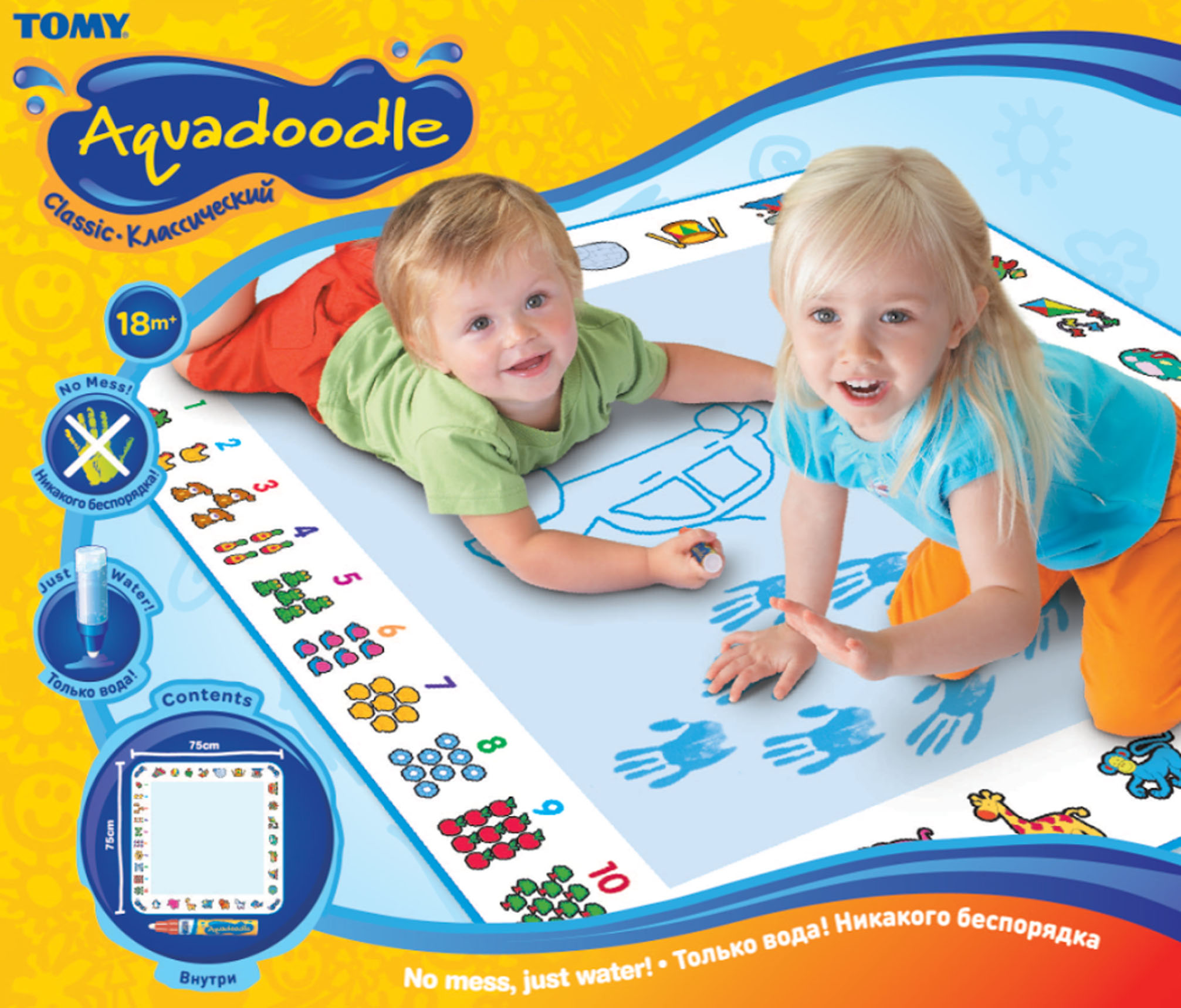 TOMY Набор для Акварисования Aquadoodle, классическийT6192RU TOMY Набор для Акварисования Aquadoodle, классическийT6192RUКомпактный коврик Aquadoodle удобно брать с собой в гости, на дачу и в дорогу. На нем можно рисовать водным маркером, входящим в комплект, а также кисточками или мокрыми пальчиками. Маркер заправляется обычной водой из-под крана. Получившийся рисунок держится несколько минут, затем исчезает, и можно снова начинать рисовать. Коврик для рисования водой - увлекательная и совершенно безопасная игрушка, способствующая развитию творческого таланта малыша, самообучению и познанию мира, развитию внутреннего потенциала. Он удобно складывается и застегивается на липучку. Для детей в возрасте: от 18 месяцев до 5 лет.