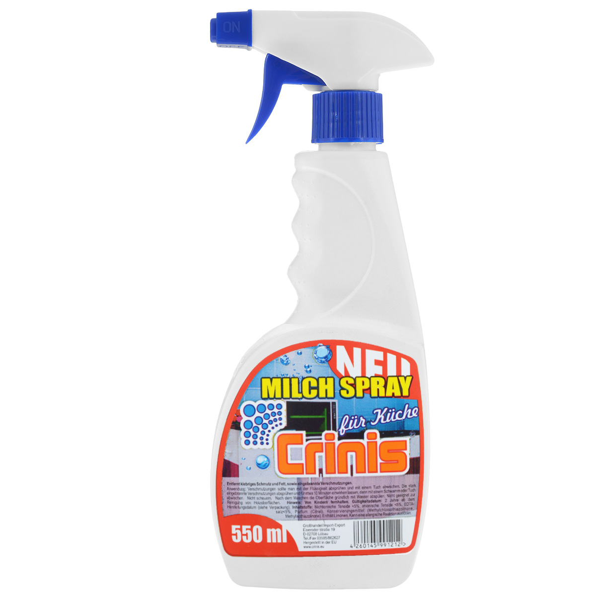 Моющее средство Crinis Milch Spray для кухни, 550 млKC0550 Моющее средство Crinis Milch Spray для кухни, 550 млKC0550Моющее средство Crinis Milch Spray идеально подходит для уборки кухни. Средство хорошо удаляет различные жирные, липкие пятна и остатки пригоревшей еды. Продукт легок в использовании - распыляя, формирует активную пену. С моющим средством Crinis Milch Spray ваша кухня всегда будет оставаться чистой. Состав: неионные ПАВ менее 5%, анионные ПАВ менее 5%, ЭТДА менее 5%, отдушка (цитраль), консервант (Methylchloroisothiazolinone, метилизотиазолин) краски. Товар сертифицирован.