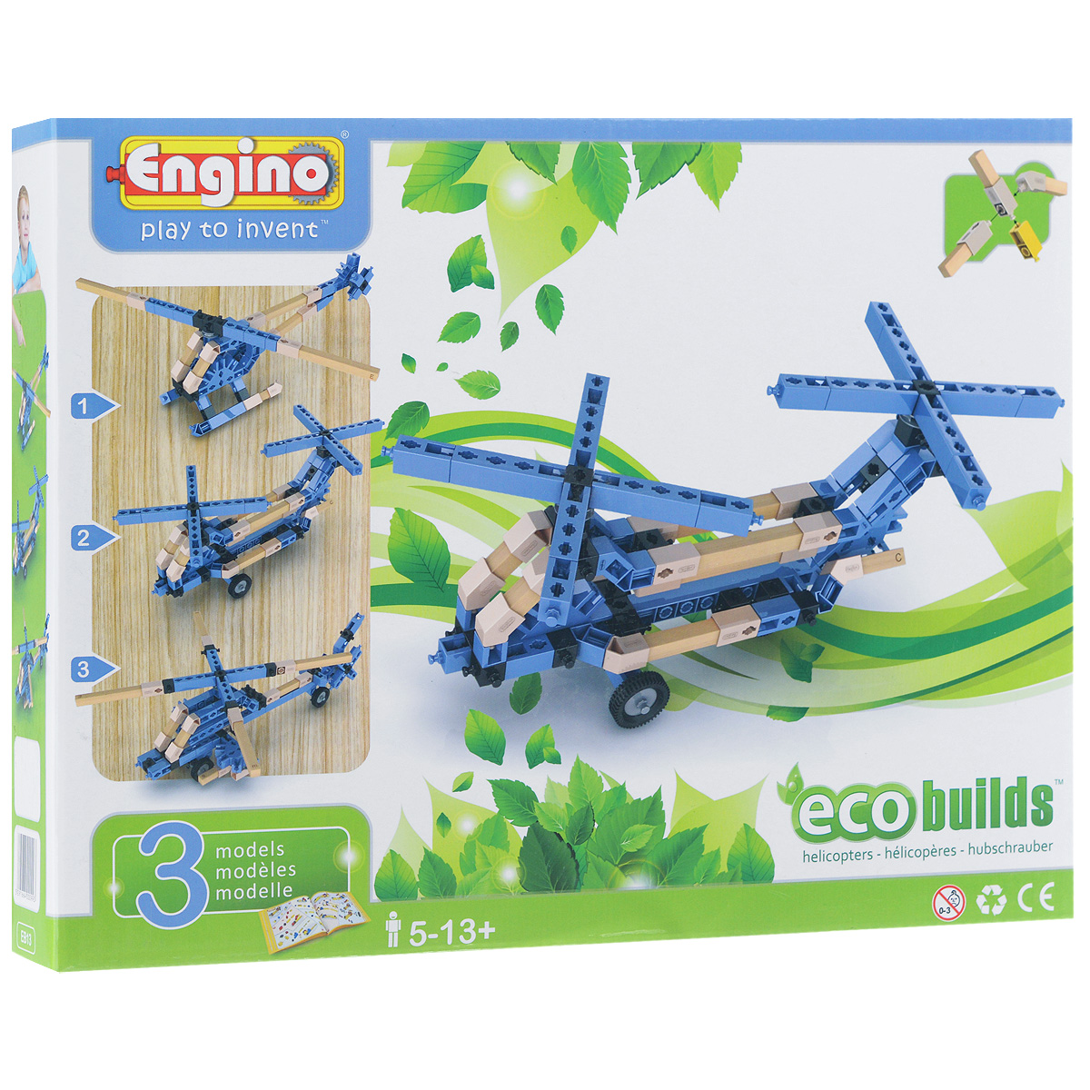 Engino Конструктор HelicoptersEB13 Engino Конструктор HelicoptersEB13С помощью гибридного конструктора Engino Helicopters ваш ребенок сможет собрать один из 3 вариантов моделей вертолетов с подвижными деталями. Комплект включает 121 элемент конструктора, в том числе 3 резиновых покрышки и инструмент для моментального разъединения мелких деталей, а также красочную схематичную инструкцию по сборке. Модели можно собрать по прилагаемой инструкции или сконструировать свои, подключив воображение. При сборке моделей с деревянными элементами нет необходимости использовать клей или дополнительный крепеж. Серия Eco Builds объединяет в себе тепло и экологичность дерева и широкие возможности пластиковых сборочных систем. Игры с конструктором помогут ребенку развить воображение, внимательность, пространственное мышление и творческие способности.