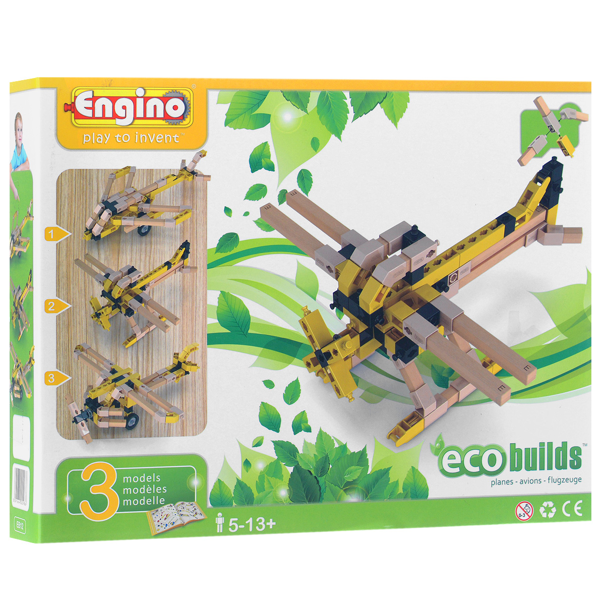 Engino Конструктор PlanesEB12 Engino Конструктор PlanesEB12С помощью гибридного конструктора Engino Planes ваш ребенок сможет собрать один из 3 вариантов моделей летательных аппаратов с подвижными деталями. Комплект включает 115 элементов конструктора, в том числе 2 резиновых покрышки и инструмент для моментального разъединения мелких деталей, а также красочную схематичную инструкцию по сборке. Модели можно собрать по прилагаемой инструкции или сконструировать свои, подключив воображение. При сборке моделей с деревянными элементами нет необходимости использовать клей или дополнительный крепеж. Серия Eco Builds объединяет в себе тепло и экологичность дерева и широкие возможности пластиковых сборочных систем. Игры с конструктором помогут ребенку развить воображение, внимательность, пространственное мышление и творческие способности.
