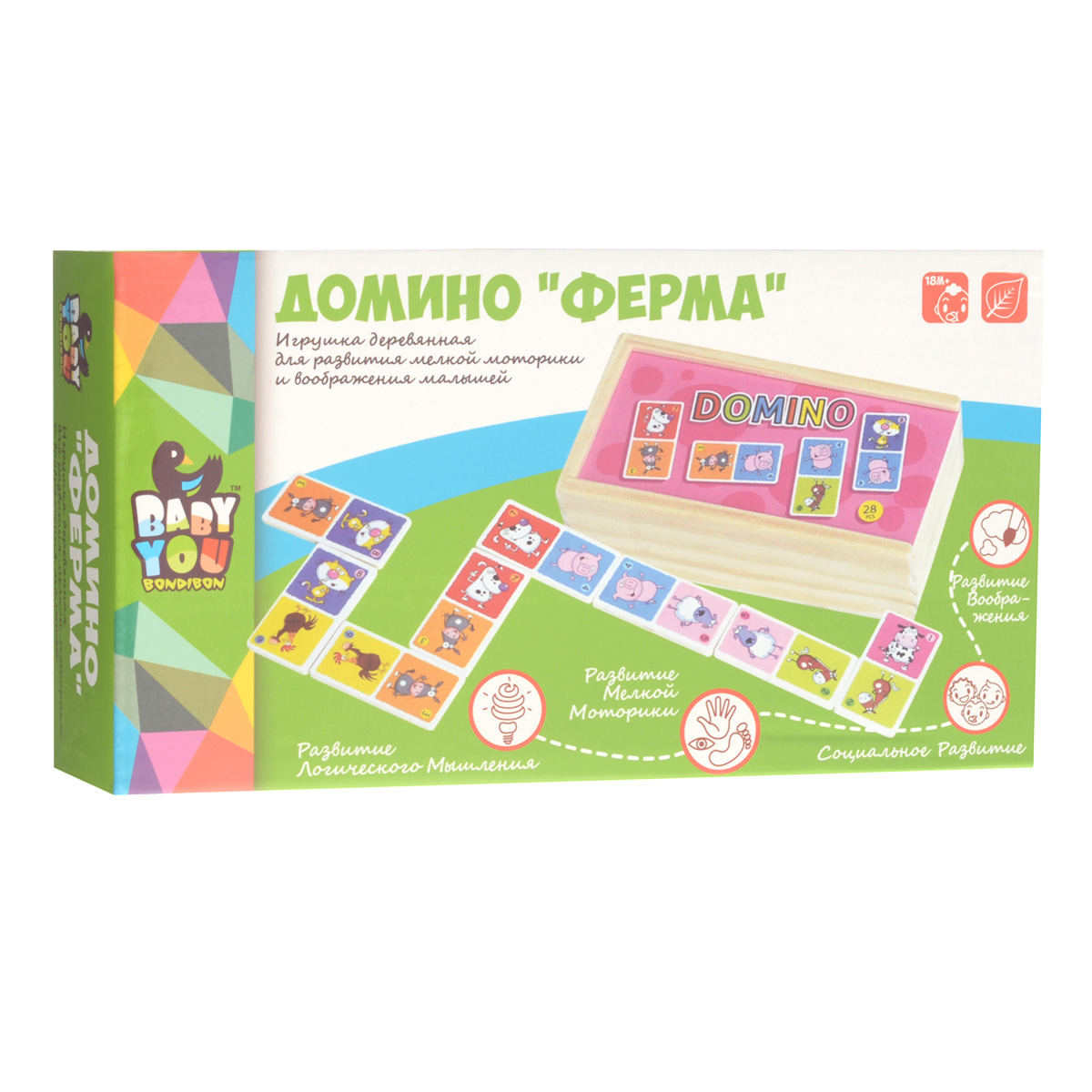 Настольная игра Bondibon Домино. ФермаВВ1102 Настольная игра Bondibon Домино. ФермаВВ1102Мудрые родители выбирают для своих малышей игрушки, которые обучают малыша в процессе увлекательной игры, формируют его внутренний мир и не вредят здоровью. Деревянные развивающие игрушки, детали которых сделаны из различных пород дерева - клена, можжевельника, березы - это не просто яркий предмет, способный надолго увлечь ребенка, но и его первый учитель, рассказывающий о мире на интуитивно понятном крохе языке. Игра способствует развитию внимания, наблюдательности, логического мышления, способности к анализу ситуации, усидчивости, развивает сенсомоторную координацию и мелкую моторику рук, способствует социальному развитию.