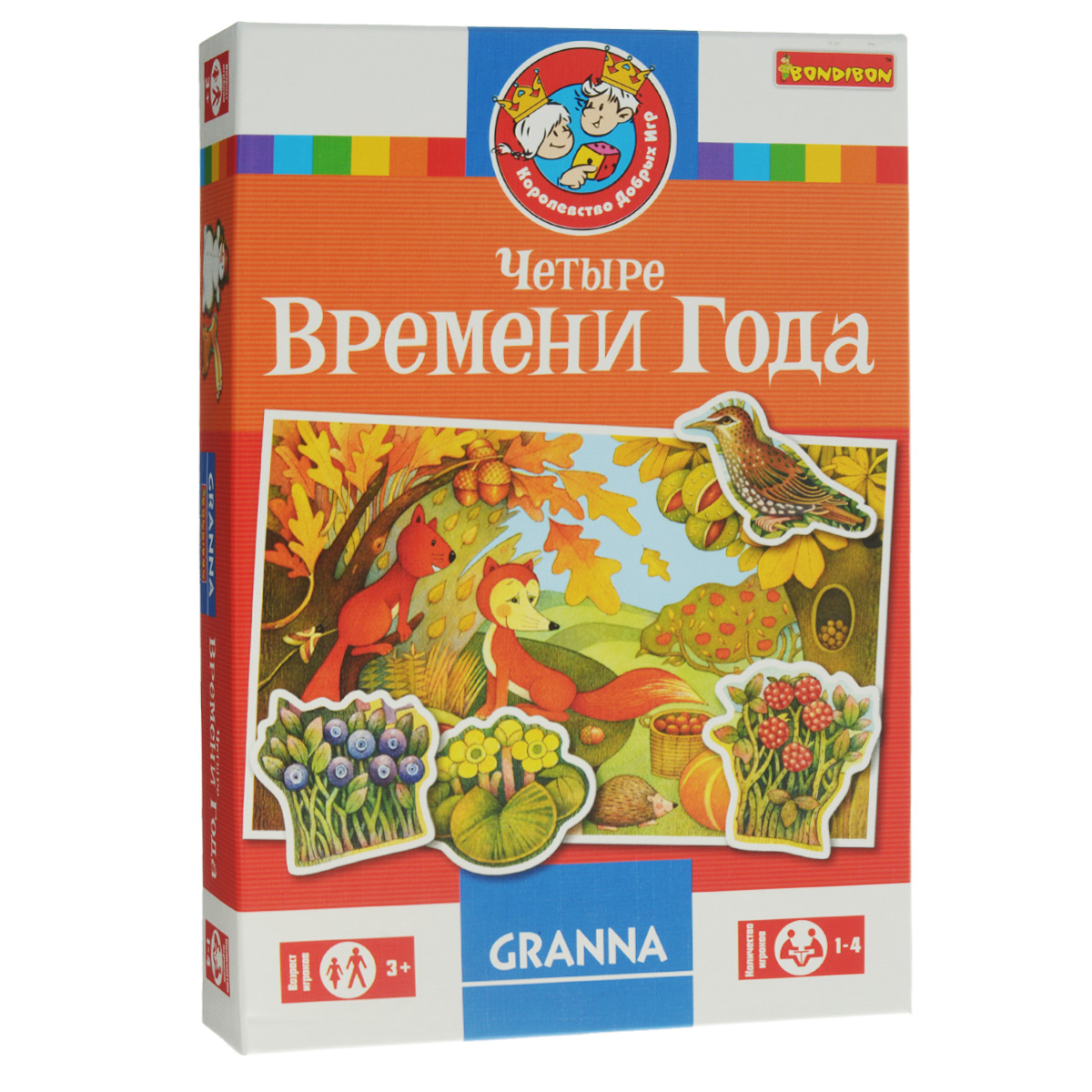 Настольная игра Bondibon Четыре времени годаВВ1273 Настольная игра Bondibon Четыре времени годаВВ1273Очень интересная и полезная игра, являющаяся аналогом классического лото. На одном из четырех игровых полей, каждое из которых относится к одному из времен года, малышам предстоит искать изображения с карточек. В процессе игры дети узнают, как выглядят звери и птицы, растения и различные предметы, а также научатся соотносить их с определенным временем года. Игровые поля и карточки имеют яркую печать и выполнены из толстого высококачественного картона. В лото с картинками могут играть самые маленькие дети вместе с родителями, а яркие разноцветные карточки не дадут заскучать! Время игры: 20 минут.