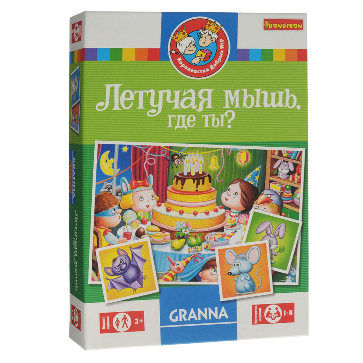 Настольная игра Bondibon Летучая мышь, где ты?ВВ1272 Настольная игра Bondibon Летучая мышь, где ты?ВВ1272Игра является аналогом классического лото, но предметом поисков здесь выступают не цифры, а изображения. На одном из шести игровых полей, каждое из которых относится к определенной теме, малышам предстоит искать изображения с карточек. Игровые поля представляют собой самые разнообразные ситуации из жизни: день рождения, парк развлечений и другие. Игра развивает внимание и логику, а яркие игровые поля и карточки с интересными картинками не дадут заскучать. Карточки и поля выполнены из твердого высококачественного картона. Если малыши не справятся сами с поиском незнакомых предметов, им могут помочь родители! Время игры: 20 минут.