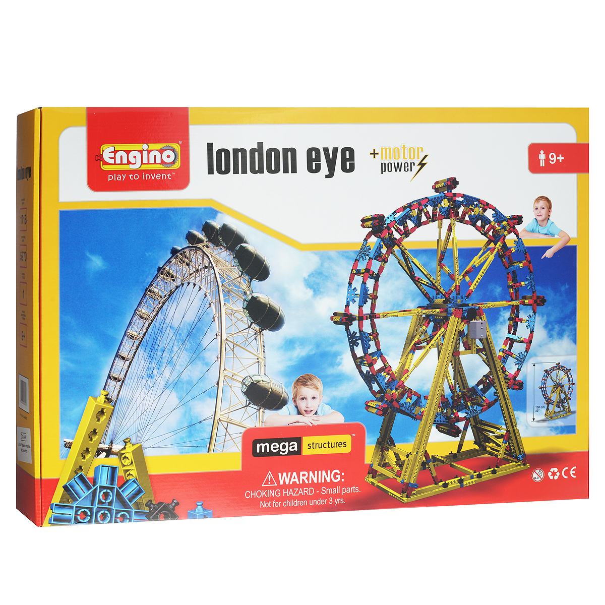 Engino Конструктор London EyeMS3 Engino Конструктор London EyeMS3Конструктор Engino London Eye позволит вашему ребенку построить действующую модель гигантского колеса обозрения Лондонский глаз и запустить ее при помощи электродвигателя! Комплект включает 1635 элементов конструктора, в том числе электродвигатель, и схематичную инструкцию по сборке. Лондонский глаз - самое высокое в Европе и одно из самых высоких в мире колес обозрения, возведенное в 2000 г. на берегу реки Темзы британскими архитекторами Дэвидом Марксом и Джулией Барфилд. С высоты 135 метров (примерно 45 этажей) открывается вид на весь Лондон. Набор серии Мега Конструкции - не только познавательная игра, позволяющая создавать трехмерные сооружения, но и восхитительный подарок! Необходимо докупить 2 батарейки напряжением 1,5V типа ААА/LR03 (не входят в комплект).