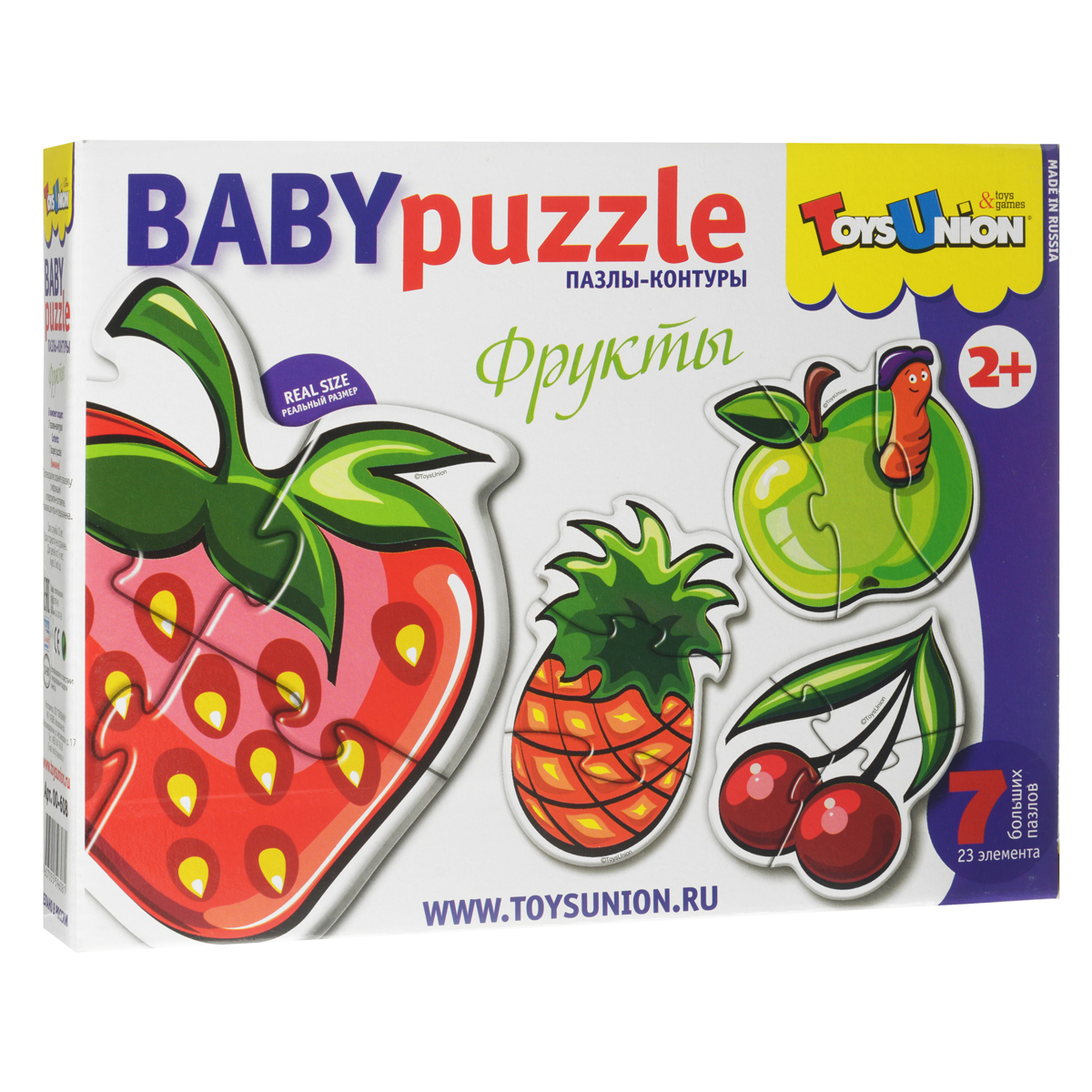 Пазл ToysUnion Фрукты, фигурный, 7 в 1тю00-608 Пазл ToysUnion Фрукты, фигурный, 7 в 1тю00-608Пазлы-контуры ToysUnion Фрукты - это увлекательная игра-головоломка, помогающая развивать у ребенка воображение, пространственное восприятие, память. Пазлы предназначены специально для маленьких детей. Малышу будет удобно брать крупные элементы в руки и самостоятельно собирать картинки. В комплект входит 23 картонных элемента, из которых можно собрать 7 картинок в виде фруктов. Процесс собирания пазлов способствует развитию не только образного, но и логического мышления, произвольного внимания, восприятия. В частности, различению отдельных элементов по цвету, форме, размеру и т. д. Процесс собирания пазлов учит правильно воспринимать связь между частью и целым. Веселые и добрые картинки, крупные детали, выполненные из высококачественного и экологически чистого материала, доставят вашему ребенку радость и помогут познать окружающий мир.