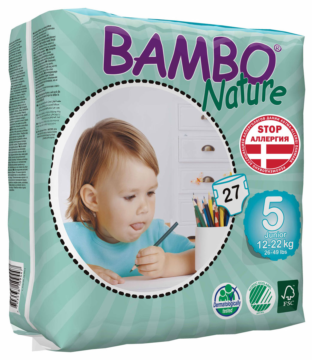 Bambo Nature Подгузники детские одноразовые Junior, 12-22 кг, 27 шт310135 Bambo Nature Подгузники детские одноразовые Junior, 12-22 кг, 27 шт310135Подгузники и трусики Bambo Nature содержат мягкую тканевидную заднюю часть и внутренний слой, что делает их исключительно нежными для кожи малыша. Они тоньше обычных подгузников, а воздухопроницаемый слой позволяет коже дышать, исключая «парниковый эффект». В перечень восхитительных свойств подгузников Bambo Nature также входят и эластичные боковые вставки. Супер-слой распущенная целлюлоза и сверх-сухая система обеспечивает быстрое впитывание и оставляет поверхность сухой. Поэтому для вас и вашего малыша каждое утро будет добрым. Bambo Nature - одни из наиболее экологически чистых подгузников на рынке. В перечень восхитительных свойств подгузников Bambo Nature также входят и эластичные боковые вставки. Проверено дерматологами.
