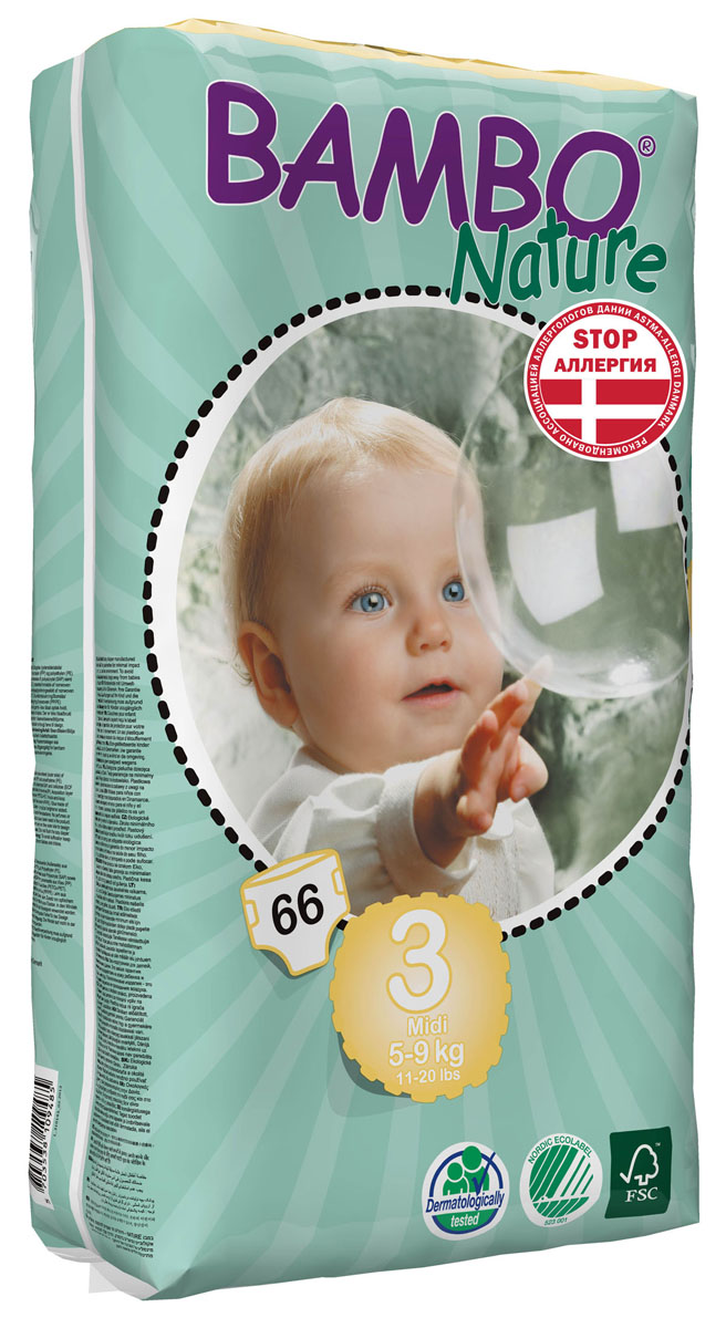 Bambo Nature Подгузники детские одноразовые Midi, 5-9 кг, 66 шт310143 Bambo Nature Подгузники детские одноразовые Midi, 5-9 кг, 66 шт310143Подгузники и трусики Bambo Nature содержат мягкую тканевидную заднюю часть и внутренний слой, что делает их исключительно нежными для кожи малыша. Они тоньше обычных подгузников, а воздухопроницаемый слой позволяет коже дышать, исключая «парниковый эффект». В перечень восхитительных свойств подгузников Bambo Nature также входят и эластичные боковые вставки. Супер-слой распущенная целлюлоза и сверх-сухая система обеспечивает быстрое впитывание и оставляет поверхность сухой. Поэтому для вас и вашего малыша каждое утро будет добрым. Bambo Nature - одни из наиболее экологически чистых подгузников на рынке. В перечень восхитительных свойств подгузников Bambo Nature также входят и эластичные боковые вставки. Проверено дерматологами.