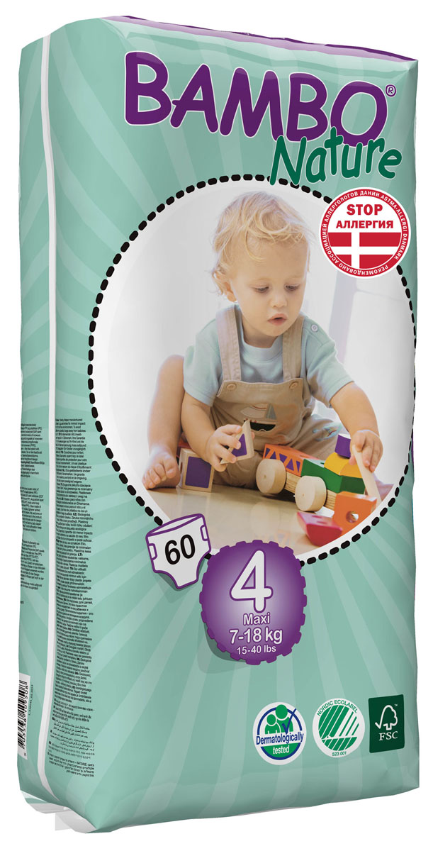 Bambo Nature Подгузники детские одноразовые Maxi, 7-18 кг, 60 шт310144 Bambo Nature Подгузники детские одноразовые Maxi, 7-18 кг, 60 шт310144Подгузники и трусики Bambo Nature содержат мягкую тканевидную заднюю часть и внутренний слой, что делает их исключительно нежными для кожи малыша. Они тоньше обычных подгузников, а воздухопроницаемый слой позволяет коже дышать, исключая «парниковый эффект». В перечень восхитительных свойств подгузников Bambo Nature также входят и эластичные боковые вставки. Супер-слой распущенная целлюлоза и сверх-сухая система обеспечивает быстрое впитывание и оставляет поверхность сухой. Поэтому для вас и вашего малыша каждое утро будет добрым. Bambo Nature - одни из наиболее экологически чистых подгузников на рынке. В перечень восхитительных свойств подгузников Bambo Nature также входят и эластичные боковые вставки. Проверено дерматологами.