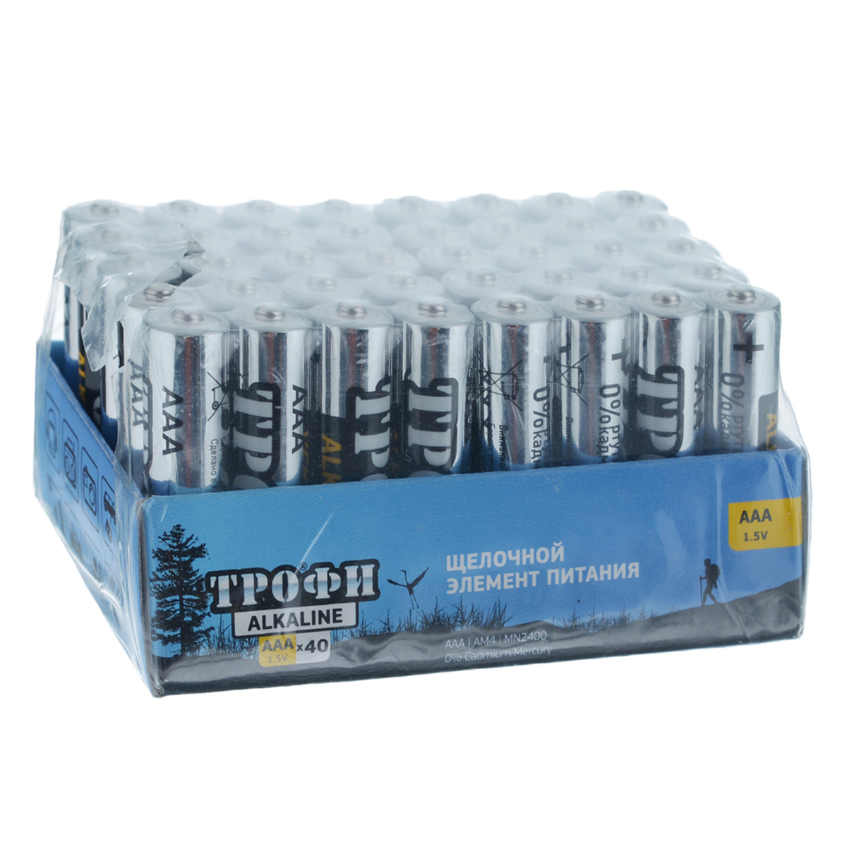 Батарейка алкалиновая Трофи, тип AAA (LR03), 1,5В, 40 штLR03-40BL Батарейка алкалиновая Трофи, тип AAA (LR03), 1,5В, 40 штLR03-40BLЩелочные (алкалиновые) батарейки Трофи оптимально подходят для повседневного питания множества современных бытовых приборов: электронных игрушек, фонарей, беспроводной компьютерной периферии и многого другого. Не содержат кадмия и ртути. Батарейки созданы для устройств со средним и высоким потреблением энергии. Работают в 10 раз дольше, чем обычные солевые элементы питания. Размер батарейки: 1 см х 4,1 см. Комплектация: 40 шт.