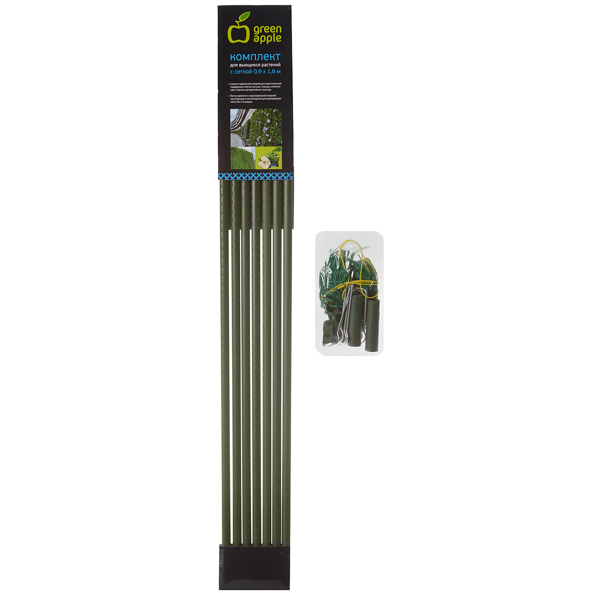Комплект для вьющихся растений Green Apple GLSCL-2, сборный, с сеткой 0,9 х 1,8 мGLSCL-2 Комплект для вьющихся растений Green Apple GLSCL-2, сборный, с сеткой 0,9 х 1,8 мGLSCL-2Комплект для вьющихся растений служит идеальной опорой для вертикальной поддержки плетистых роз, плюща, клематисов и прочих декоративных культур. Легко крепится к вертикальной опорной конструкции и используется для декорирования стен и оградок.