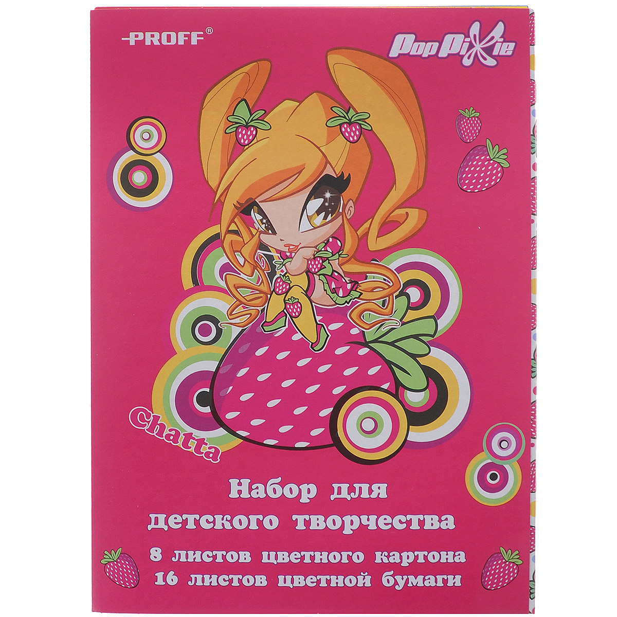 Набор для детского творчества Proff PopPixiePP15-CCPS24 Набор для детского творчества Proff PopPixiePP15-CCPS24Набор для детского творчества Proff PopPixie содержит 8 листов цветного мелованного картона и 16 листов цветной бумаги следующих цветов: желтого, красного, коричневого, малинового, оранжевого, зеленого, черного, синего, белого. Создание поделок из цветной бумаги и картона - это увлекательнейший процесс, способствующий развитию у ребенка фантазии и творческого мышления. Набор упакован в картонную папку с цветным изображением прекрасной Пикси-Чатты.