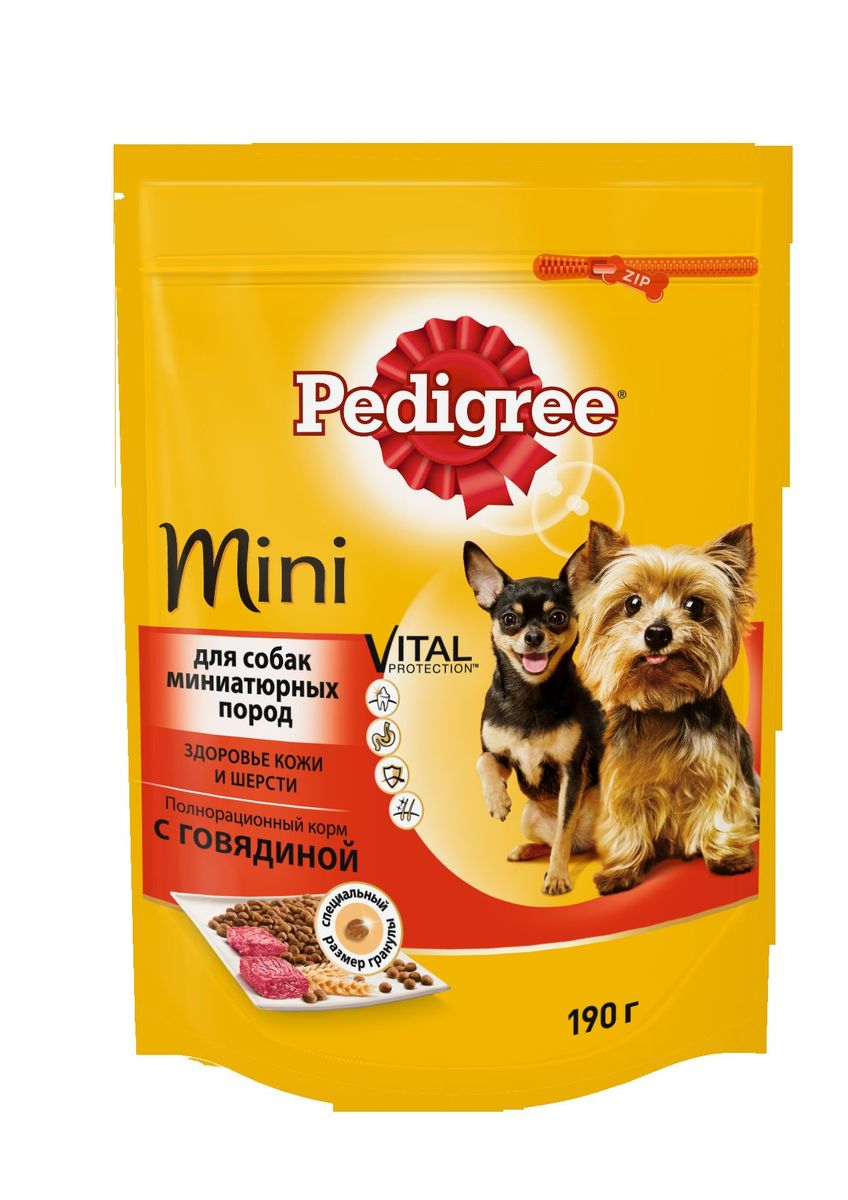 Корм сухой Pedigree для взрослых собак миниатюрных пород, с говядиной, 190 г40152 Корм сухой Pedigree для взрослых собак миниатюрных пород, с говядиной, 190 г40152Сухой корм Pedigree для собак миниатюрных пород - это полнорационный корм с курицей, который создан с учетом потребностей. Он состоит из качественных и натуральных ингредиентов: мяса, овощей, злаков. Он создан с учетом особенностей пищеварения самых маленьких, легко усваивается и обеспечивает правильную работу их желудочно-кишечного тракта. Состав: куриная мука, пшеничная мука, кукуруза, рис, мясная мука (в том числе говядина минимум 4%), жир животный, пшеница, свекольный жом, подсолнечное масло, минералы, витамины, метионин. Пищевая ценность (100 г): белки 22 г., жиры 15 г., зола 8 г., клетчатка 4 г., влажность не более 10 г., кальций 1,3 г., фосфор 0,8 г., натрий 0,3 г., калий 0,58 г., магний 0,1 г., цинк 20 г., медь 1,5 г., витамин А 1500 МЕ, витамин Е 20 мг., витамин D3 120 МЕ, витамин В1, В2, В4, В5, В12., ниацин, омега-6, омега-3, полиненасыщенные жирные кислоты. Энергетическая ценность (100 г): 365 ккал. Вес упаковки: 190 г. Товар...