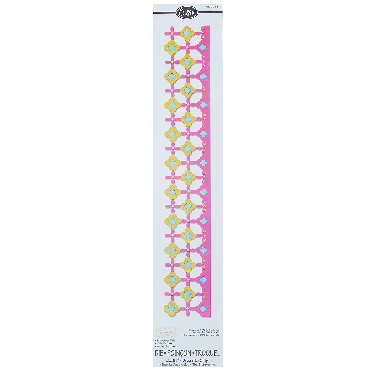 Форма для вырубки Sizzix Марракеш658392 Форма для вырубки Sizzix Марракеш658392С помощью формы для вырубки Sizzix Марракеш, изготовленной из пластика и металла, можно создать фигурку оригинальной формы. Форма для вырубки - это определенной формы нож, обеспечивающий форму вырубной фигуры. Он режет бумагу, картон и ткань. Форма станет незаменимой при создании скрап-страничек, открыток и конвертов с резными декоративными фигурками и ажурными украшениями. Форма для вырубки разнообразит вашу работу и добавит вдохновения для новых идей. Форма подходит для машинки для вырубки. Размер фигурки: 30,3 см х 4,7 см. Размер формы: 32,2 см х 6 см х 0,3 см.