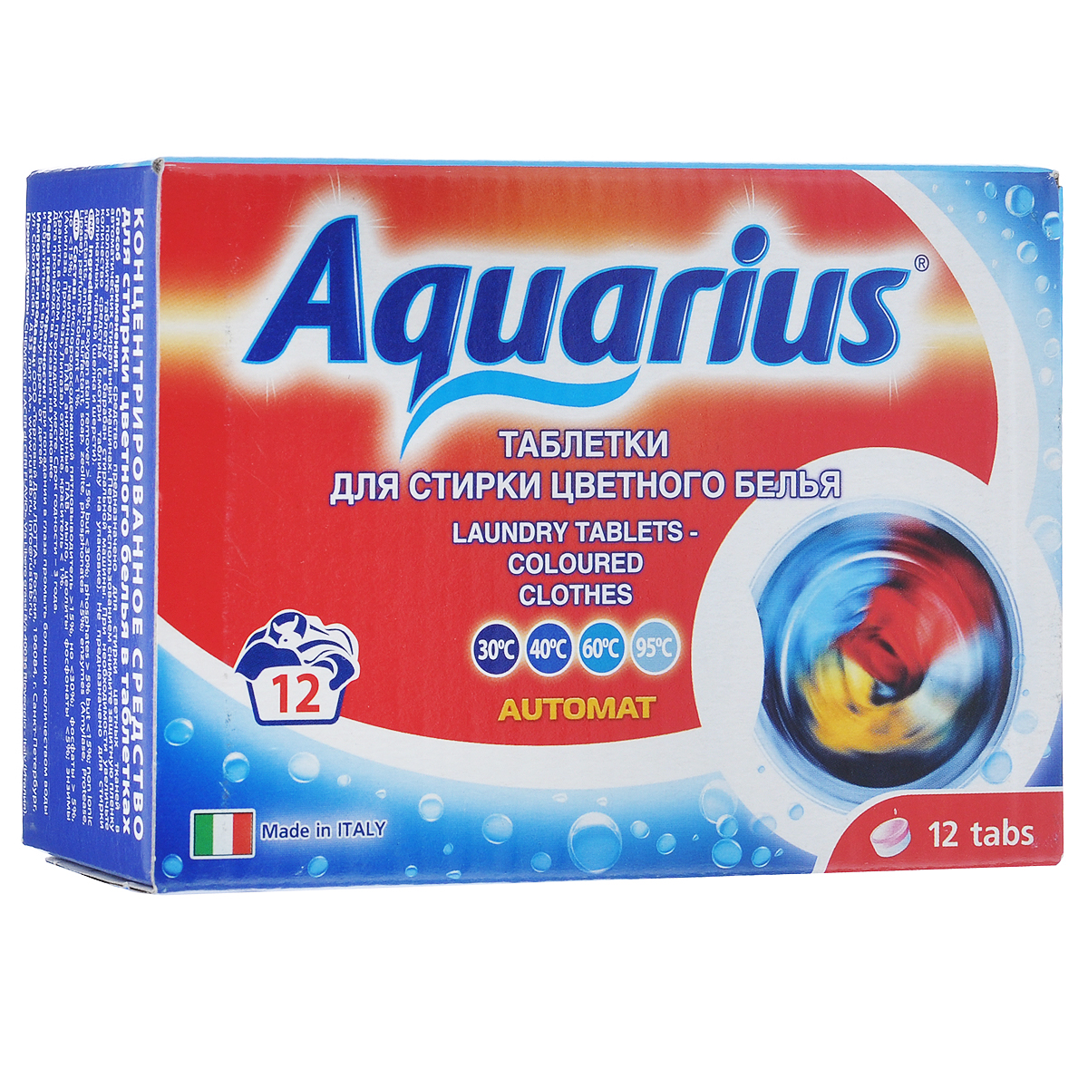 Таблетки для стирки цветного белья Lotta Aquarius, 12 шт16251 Таблетки для стирки цветного белья Lotta Aquarius, 12 шт16251Концентрированное средство в таблетках Lotta Aquarius предназначено для стирки цветного белья в автоматических стиральных машинах. Таблетки содержат средство предотвращающее образование накипи и добавки для улучшения глажения белья. Одна таблетка содержит точное количество средства для стирки. Не вызывают аллергии. Перед использованием снимите защитную плёнку и положите таблетку в кювету стиральной машины. При необходимости увеличьте количество средства (смотрите таблицу на упаковке). Не предназначено для стирки деликатных тканей (шелка и шерсти). Количество таблеток: 12 шт. Вес одной таблетки: 32 г. Состав: кислородосодержащий пятновыводитель более 15%, но менее 30%; фосфаты более 5%, но менее 15%; неионогенные ПАВ, анионные ПАВ, мыло, цеолиты, фосфонаты менее 5%; энзимы (Амилаза, Протеаза, Липаза), отдушка, краситель менее 1%. Товар сертифицирован.