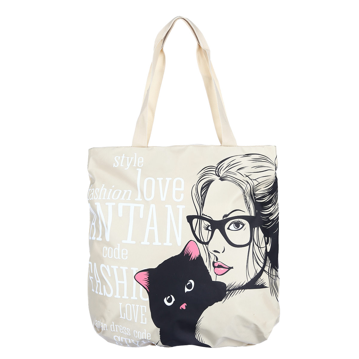 Сумка женская Antan Black cat, цвет: бежевый. 1-1121-112 Black cat/бежевый Сумка женская Antan Black cat, цвет: бежевый. 1-1121-112 Black cat/бежевыйСтильная сумка Antan выполнена из плотного капровинила и оформлена принтом с изображением девушки с кошкой и различными надписями. Сумка имеет одно вместительное отделение, закрывающееся на застежку-молнию. Внутри - нашивной карман на молнии. Сумка оснащена двумя удобными ручками из текстиля, позволяющими носить ее на плече. Такая сумка будет незаменима при походе на пляж или для загородной прогулки.