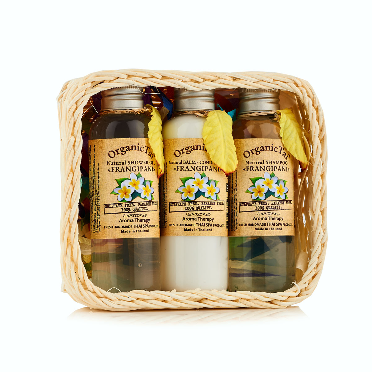 OrganicTai (НАБОР) Натуральный шампунь для волос «ФРАНЖИПАНИ» 120 мл, Натуральный бальзам-кондиционер «ФРАНЖИПАНИ» 120 мл, Натуральный гель для душа «ФРАНЖИПАНИ», 120 мл(120 мл*3)8858816733160 OrganicTai (НАБОР) Натуральный шампунь для волос «ФРАНЖИПАНИ» 120 мл, Натуральный бальзам-кондиционер «ФРАНЖИПАНИ» 120 мл, Натуральный гель для душа «ФРАНЖИПАНИ», 120 мл(120 мл*3)8858816733160Набор состоит из Натурального шампуня для волос «ФРАНЖИПАНИ» 120 мл., Натурального бальзама-кондиционера «ФРАНЖИПАНИ» 120 мл., Натурального геля для душа «ФРАНЖИПАНИ», 120 мл. и плетеной корзинки. Эти продукты имеют уникальную формулу. Не содержат воду, консерванты парабены и синтетические пенящиеся вещества сульфаты (без SLS, SLES и др.). С натуральной моющей основой, высокой концентрацией органических экстрактов и эфирных масел ФРАНЖИПАНИ, МОРСКИХ ВОДОРОСЛЕЙ, ЗЕЛЕНОГО ЧАЯ, ОГУРЦА, ГРЕЙПФРУТА, ЛАВАНДЫ, ЖОЖОБА, АЛОЭ ВЕРА и ПАНТЕНОЛ восстанавливают структуру каждого волоса от корней до самых кончиков, интенсивно питают, укрепляют и придают волосам шикарный блеск. Манящий аромат ФРАНЖИПАНИ относят к АФРОДИЗИАКАМ – искушающим и вызывающим желание. Эти продукты поразят Вас своей эффективностью, очаруют притягательным ароматом, порадуют экономичностью.