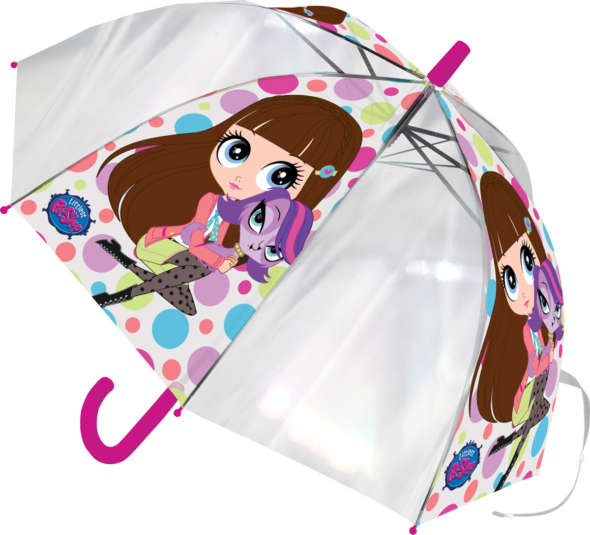 Зонт-трость детский Littlest Pet Shop, цвет: розовый, белый, сиреневый, салатовыйLPCS-UA1-U8G Зонт-трость детский Littlest Pet Shop, цвет: розовый, белый, сиреневый, салатовыйLPCS-UA1-U8GЯркий детский зонт-трость Littlest Pet Shop станет замечательным подарком вашему ребенку и доставит ему много удовольствия. Его форма надежно защитит ребенка в дождливую погоду. Все выступающие металлические части закрыты пластиком, что является защитой от возможных повреждений. Купол зонта выполнен из полиэфирного эластомера и оформлен ярким рисунком. Закрывается хлястиком на кнопку. Каркас зонта выполнен из восьми металлических спиц и оснащен удобной закругленной пластиковой рукояткой. Зонт раскладывается автоматически и складывается механически.