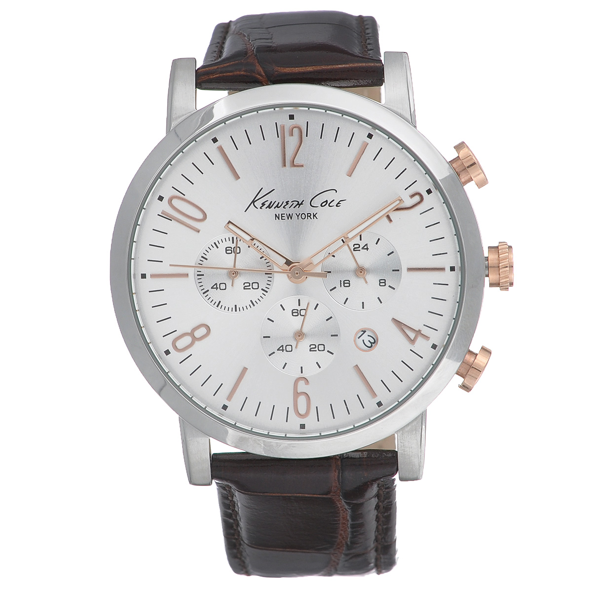 Часы мужские наручные Kenneth Cole, цвет: темно-коричневый. 1002082710020827 Часы мужские наручные Kenneth Cole, цвет: темно-коричневый. 1002082710020827Наручные мужские часы Kenneth Cole произведены опытными специалистами из материалов самого высокого качества на базе новейших технологий. Часы оснащены точным кварцевым механизмом. Водонепроницаемый корпус часов выполнен из нержавеющей стали и защищен минеральным стеклом. Ремешок выполнен из натуральной кожи с декоративным тиснением под рептилию и оснащен классической застежкой. Циферблат круглой формы оснащен арабскими цифрами, отметками, а также тремя стрелками - часовой, минутной и секундной. Изделие оснащено часовым, минутным и секундным индикаторами, а также секундомером. Часы укомплектованы в фирменную коробку с названием бренда.