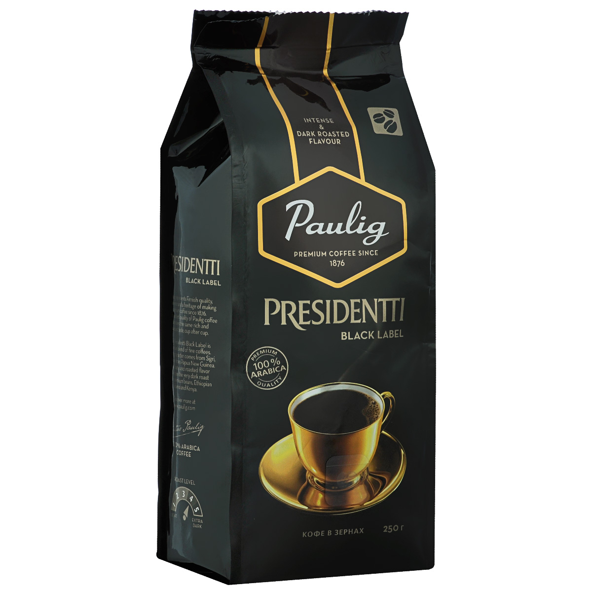 Paulig Presidentti Black Label кофе в зернах, 250 г16564 Paulig Presidentti Black Label кофе в зернах, 250 г16564Paulig Presidentti Black Label – это премиальный темный кофе высочайшего качества. Редкие кофейные зерна из Папуа – Новой Гвинеи, которые называются «Сигри», дарят напитку яркий, насыщенный вкус. Изысканная горчинка во вкусе и богатый аромат достигаются благодаря специально отобранным кофейным зернам из Африки и сильной обжарке.