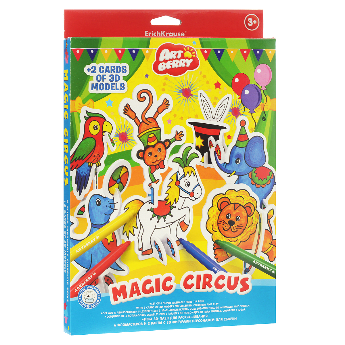Набор для раскрашивания 3D-фигурок Artberry Magic Circus37299 Набор для раскрашивания 3D-фигурок Artberry Magic Circus37299Набор для раскрашивания 3D-фигурок Artberry Magic Circus поможет вашему маленькому художнику раскрыть свой талант. При помощи этого набора ребенок сможет своими руками раскрасить и собрать 3D-фигурки в виде цирковых зверей. Набор включает в себя 6 фломастеров разных цветов (желтый, красный, оранжевый, зеленый, синий, фиолетовый) с широкими наконечниками для быстрого раскрашивания, 2 карты - шаблоны с 3D-фигурками. Уникальная особенность фломастеров - чернила на водной основе, что позволяет без труда отстирать запачканную одежду с большинства тканей и бытовых поверхностей. Занятия с этим набором развивают мелкую моторику, фантазию и воображение ребенка, а готовые фигурки станут отличным украшением для детской комнаты. Порадуйте своего малыша таким великолепным подарком!