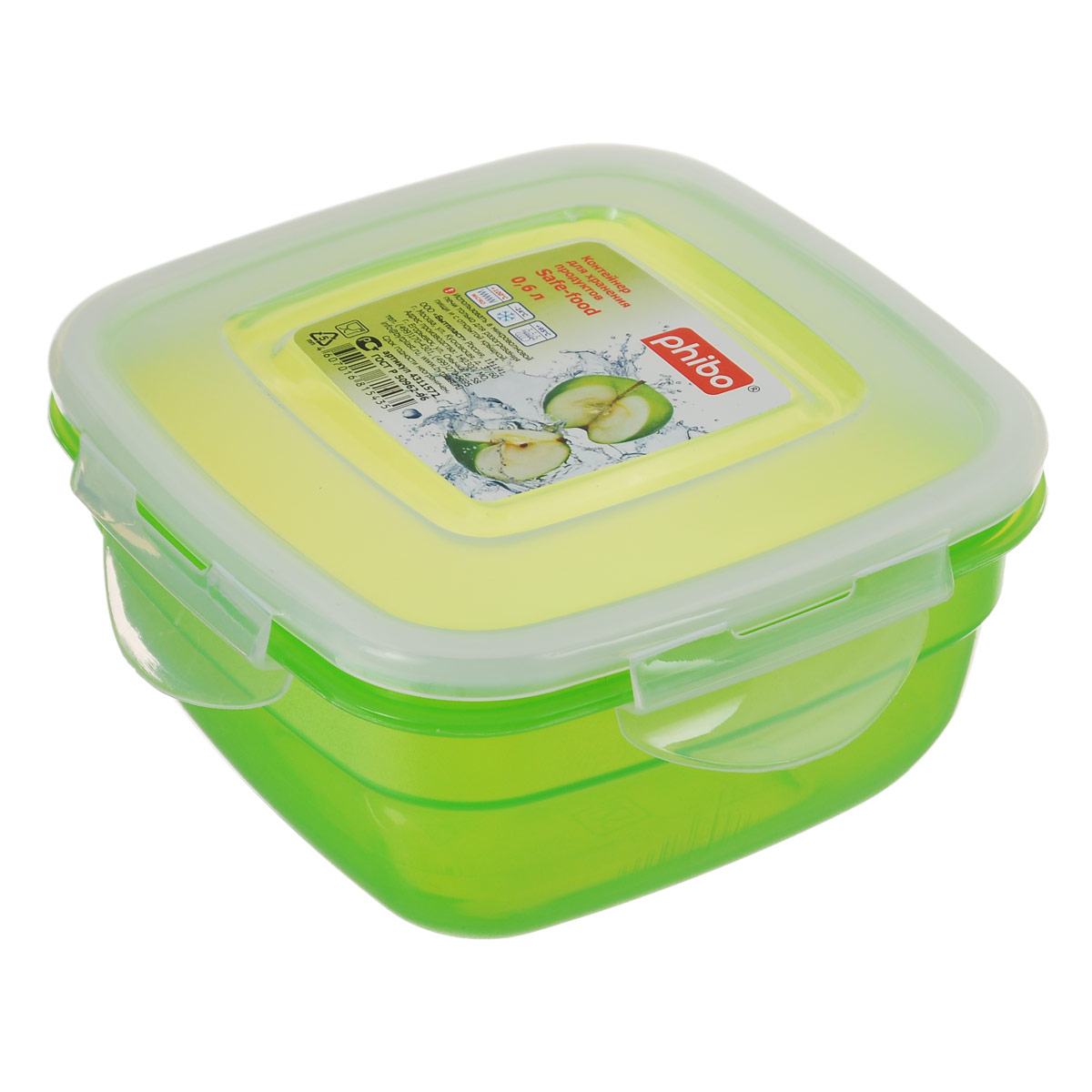 Контейнер Phibo Safe-Food, цвет: прозрачный, зеленый, 0,6 лС11572 Контейнер Phibo Safe-Food, цвет: прозрачный, зеленый, 0,6 лС11572Контейнер Phibo Safe-Food изготовлен из высококачественного полипропилена и не содержит Бисфенол А. Крышка контейнера прозрачная, плотно закрывается на 4 защелки. Контейнер устойчив к воздействию масел и жиров, легко моется. Подходит для использования в микроволновых печах при температуре до +100°С, выдерживает хранение в морозильной камере при температуре -24°С, его можно мыть в посудомоечной машине при температуре до +95°С. Объем контейнера: 0,6 л.