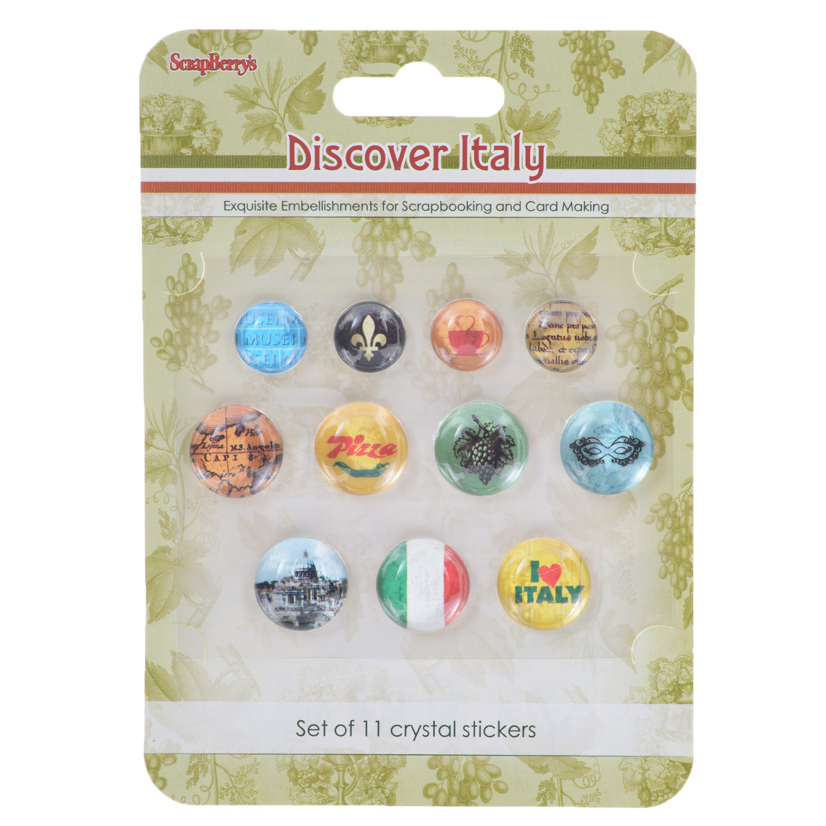 Камушки-стикеры ScrapBerrys Итальянские каникулы, 11 штSCB53000005 Камушки-стикеры ScrapBerrys Итальянские каникулы, 11 штSCB53000005Камушки-стикеры ScrapBerrys Итальянские каникулы - это акриловые украшения, выполненные в виде круглых камушков с различными рисунками. Такие камушки прекрасно подойдут для оформления творческих работ в технике скрапбукинг. Их можно использовать для украшения фотоальбомов, скрап-страничек, подарков, конвертов, фоторамок, открыток и т.д. Обратная сторона клейкая. Скрапбукинг - это хобби, которое способно приносить массу приятных эмоций не только человеку, который этим занимается, но и его близким, друзьям, родным. Это невероятно увлекательное занятие, которое поможет вам сохранить наиболее памятные и яркие моменты вашей жизни, а также интересно оформить интерьер дома. Диаметр камушков: 1,3 см; 1,7 см.