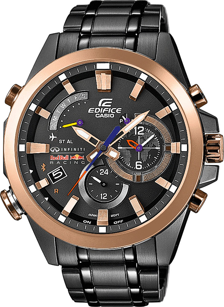 Часы мужские наручные Casio, цвет: стальной, золотой. EQB-510RBM-1AEQB-510RBM-1A Часы мужские наручные Casio, цвет: стальной, золотой. EQB-510RBM-1AEQB-510RBM-1AСтильные мужские часы Casio EDIFICE выполнены из нержавеющей стали и минерального стекла. Изделие оформлено символикой бренда. В часах предусмотрен аналоговый отсчет времени. Часы оснащены Bluetooth и функцией Mobile Link, которая позволяет синхронизировать часы с смартфоном для автоматической корректировки времени. Функция мирового времени позволяет мгновенно выяснять текущее время в любой точке земного шара. Часы могут быть настроены на подачу тонального или светового сигнала при наступлении выставленного времени. Функция таймера позволит обеспечить обратный отсчет времени, начиная с выставленного и подачу тонального или светового сигнала, когда отсчет доходит до нуля. Функция секундомера позволит замерять прошедшее время в пределах тысячи часов с точностью 1/100 секунды, предусмотрен будильник. Дополнительные функции: барометр, цифровой компас, альтиметр, термометр, будильник. Степень влагозащиты 20 atm. Изделие дополнено стальным браслетом, который застегивается...