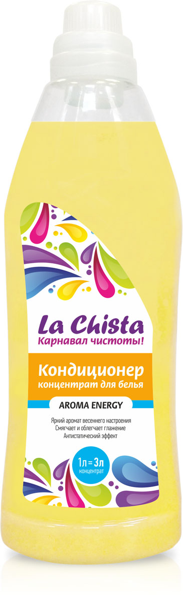 Кондиционер для белья La Chista Aroma Energy, концентрат, 1 л870285 Кондиционер для белья La Chista Aroma Energy, концентрат, 1 л870285Кондиционер La Chista Aroma Energy, предназначен для смягчения хлопчатобумажных, шерстяных, льняных и синтетических изделий. После стирки вещи приобретают особую мягкость, тонкий аромат свежести и легко поддаются глажке. Кондиционер безопасен при контакте с кожей человека. Сохраняет первоначальный вид и яркость вещей. Удаляет с ткани остатки стирального порошка. Обладает эффектом антистатика. Состав: вода, 5-15% катионного ПАВ, кальций хлористый, парфюмерная композиция, консервант, краситель.